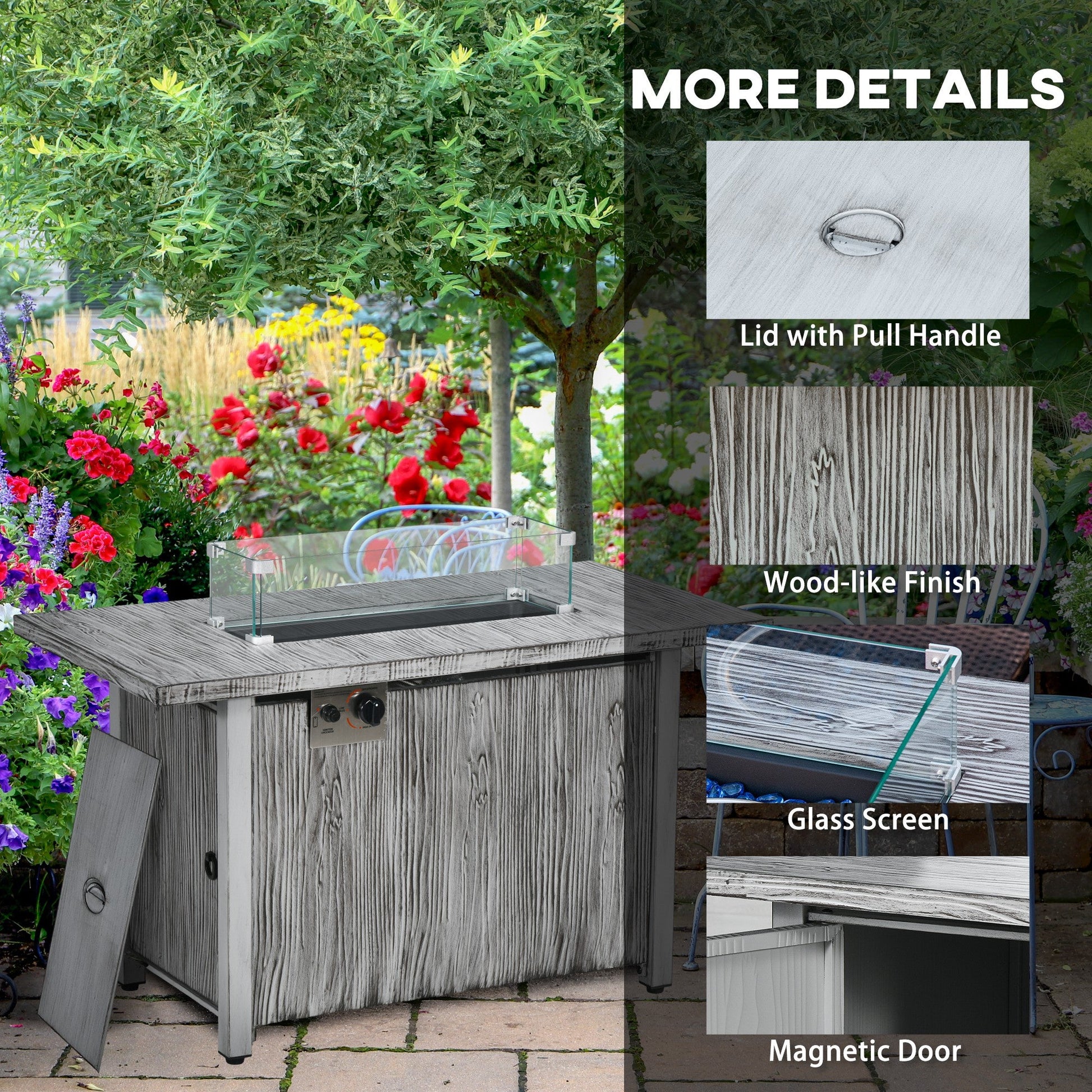 Propane Gas Fire Pit Table for Garden, 50000 BTU Smokeless Firepit Outdoor Patio Heater with Waterproof Cover, Glass Screen, Glass Beads and Lid, Wood Effect, 109 x 56 x 63cm, Grey