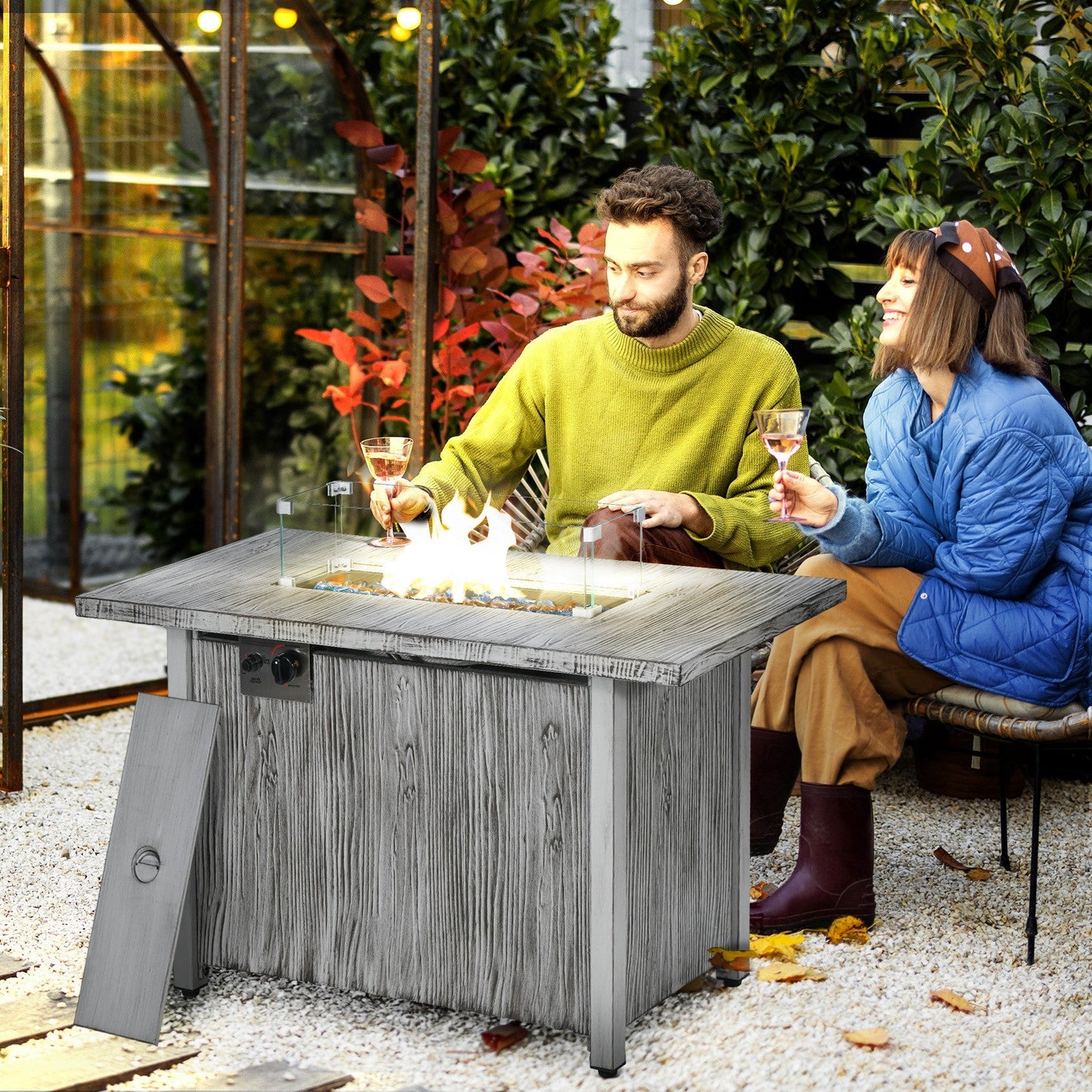 Propane Gas Fire Pit Table for Garden, 50000 BTU Smokeless Firepit Outdoor Patio Heater with Waterproof Cover, Glass Screen, Glass Beads and Lid, Wood Effect, 109 x 56 x 63cm, Grey