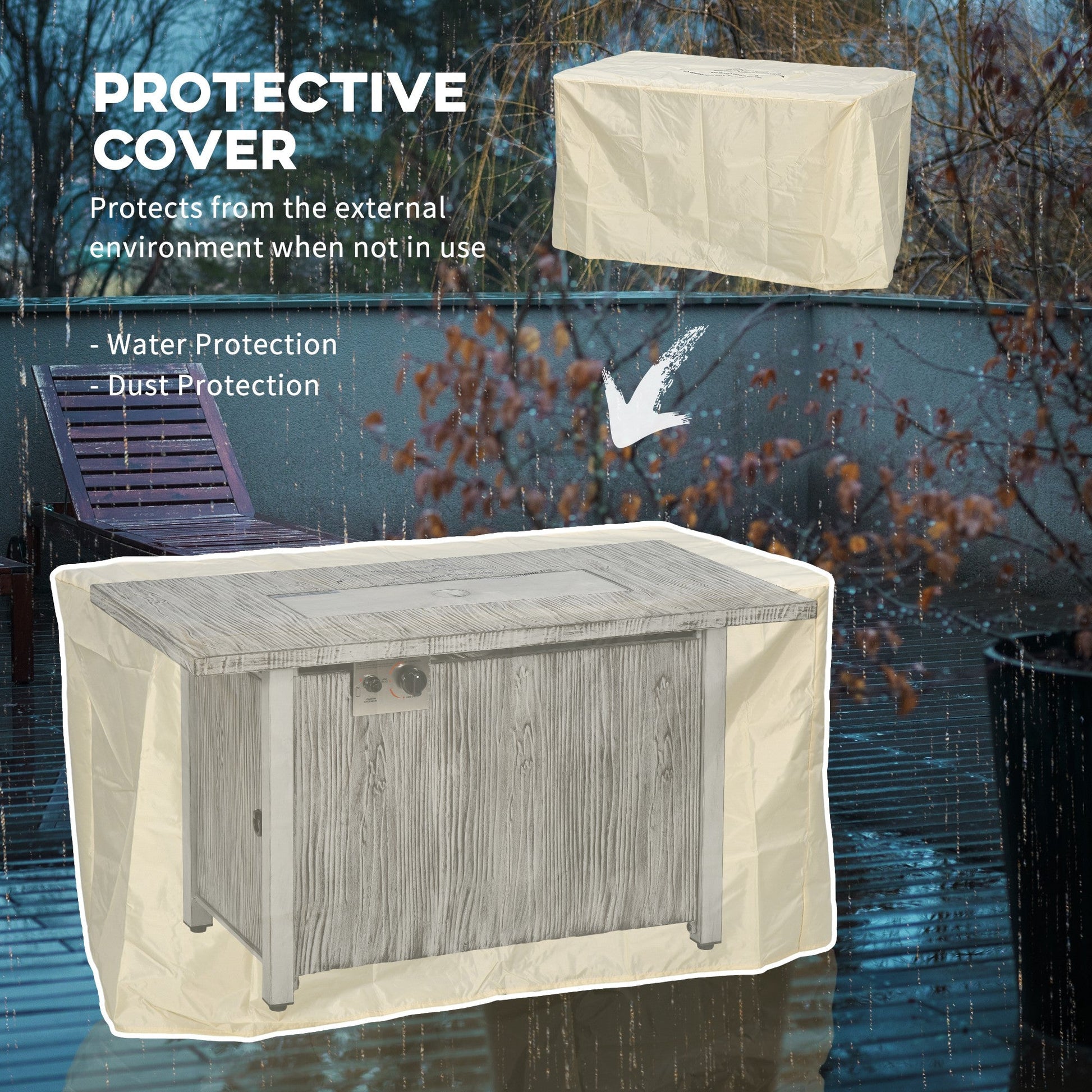 Propane Gas Fire Pit Table for Garden, 50000 BTU Smokeless Firepit Outdoor Patio Heater with Waterproof Cover, Glass Screen, Glass Beads and Lid, Wood Effect, 109 x 56 x 63cm, Grey