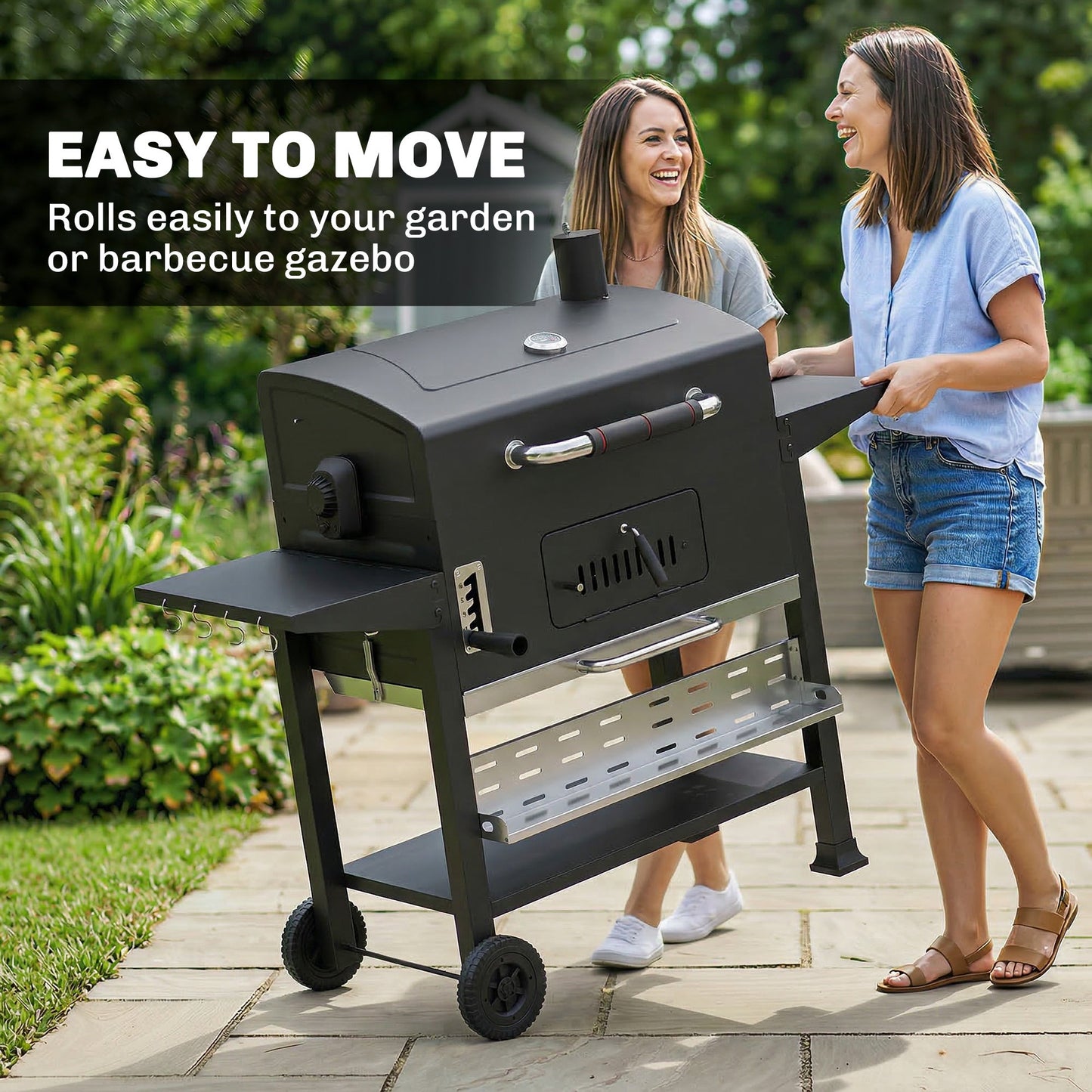 Charcoal BBQ Grill Smoker with Electric Rotisserie Kit, Portable Barbecue Grill with Warming Rack, Foldable Side Tables, Spice Rack, Hooks, Thermometer, Wheels for Outdoor Cooking, Black