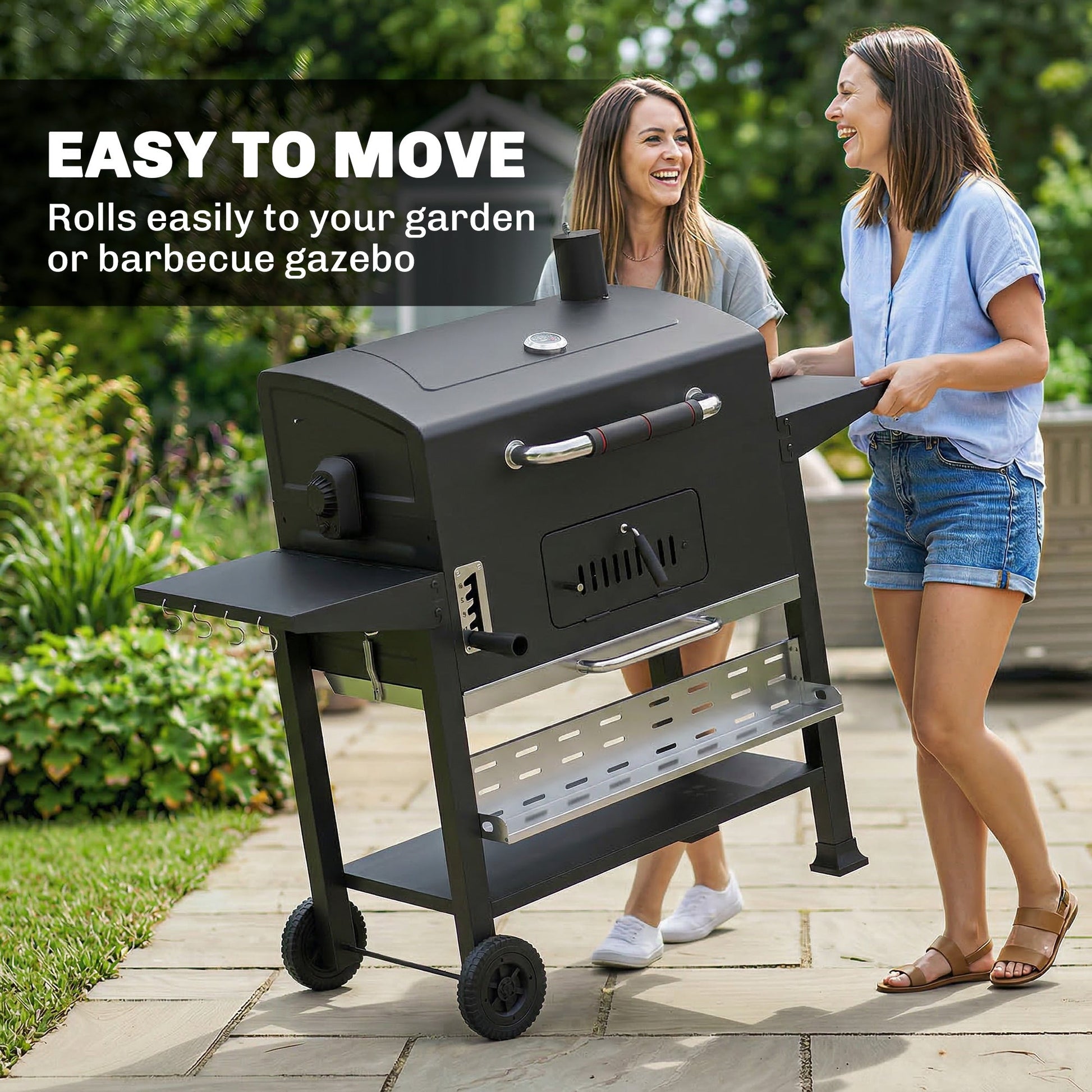 Charcoal BBQ Grill Smoker with Electric Rotisserie Kit, Portable Barbecue Grill with Warming Rack, Foldable Side Tables, Spice Rack, Hooks, Thermometer, Wheels for Outdoor Cooking, Black
