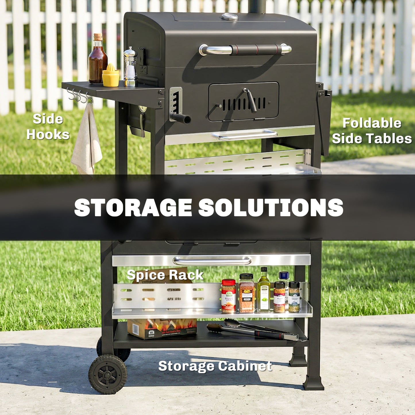 Charcoal BBQ Grill Smoker with Electric Rotisserie Kit, Portable Barbecue Grill with Warming Rack, Foldable Side Tables, Spice Rack, Hooks, Thermometer, Wheels for Outdoor Cooking, Black