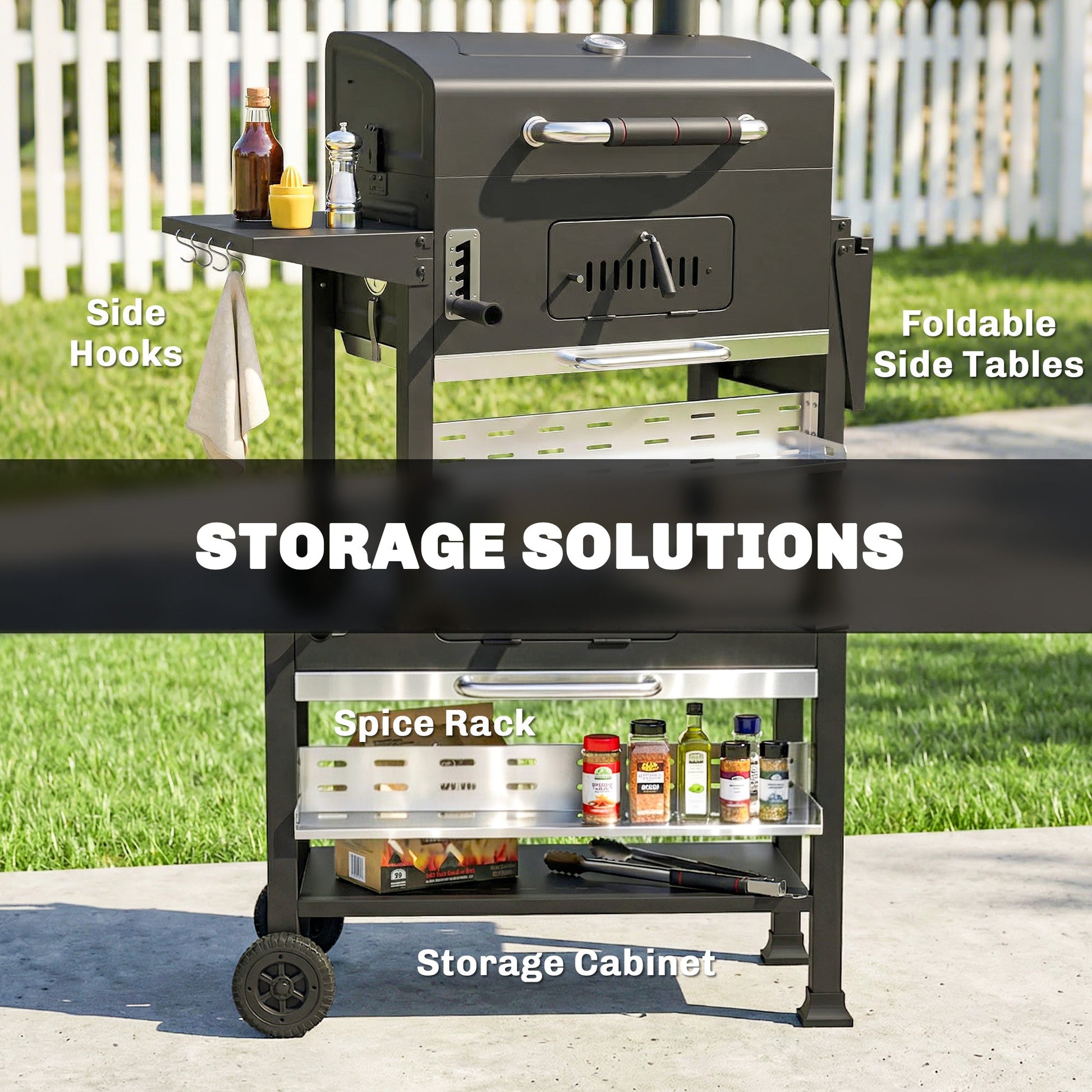 Charcoal BBQ Grill Smoker with Electric Rotisserie Kit, Portable Barbecue Grill with Warming Rack, Foldable Side Tables, Spice Rack, Hooks, Thermometer, Wheels for Outdoor Cooking, Black