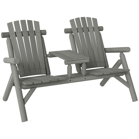 Wood Patio Chair Bench 2 Seats with Centre Coffee Table, Garden Bench for Lounging and Relaxing Outdoors, Grey