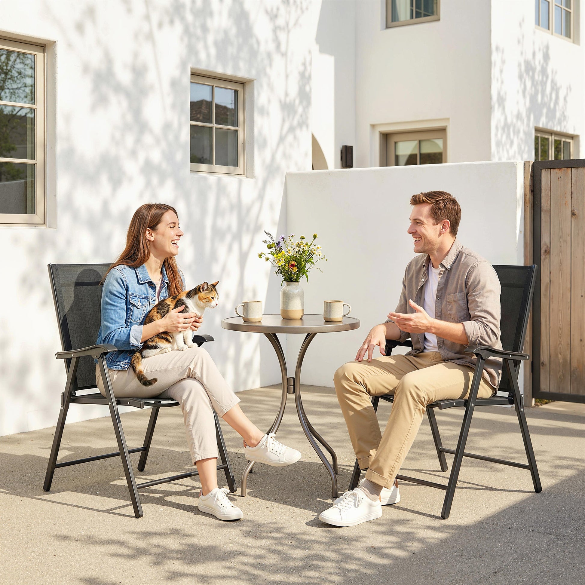 Folding Garden Chairs Set of 2, Foldable Garden Dining Chairs with High Back and Armrests, Breathable Texteline Folding Outdoor Chair Set with Metal Frame for Patio, Balcony, Black