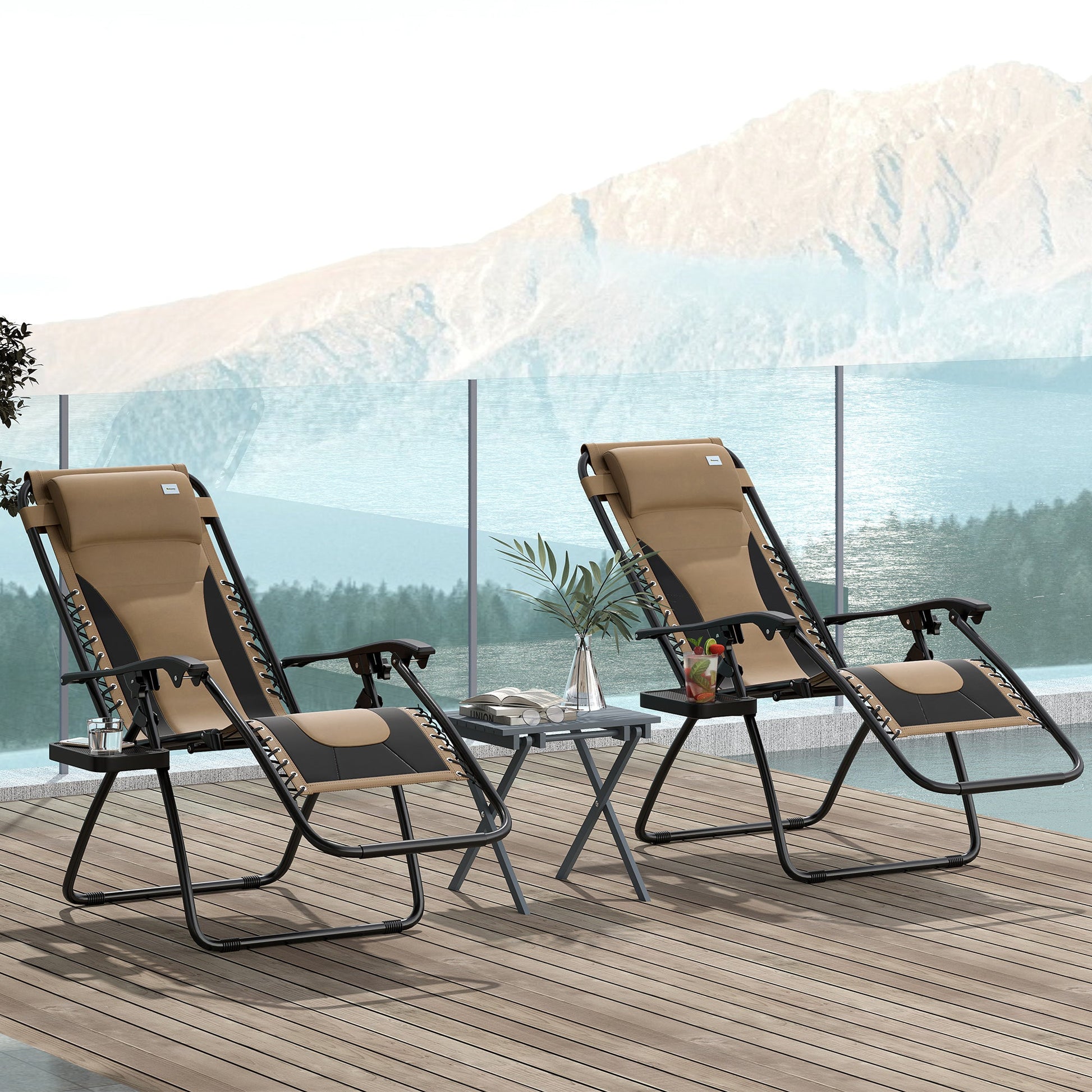 Zero Gravity Lounger Chair Set of 2, Folding Reclining Patio Chair with Padded Seat, Cup Holder, Soft Cushion and Headrest for Poolside, Camping, Coffee