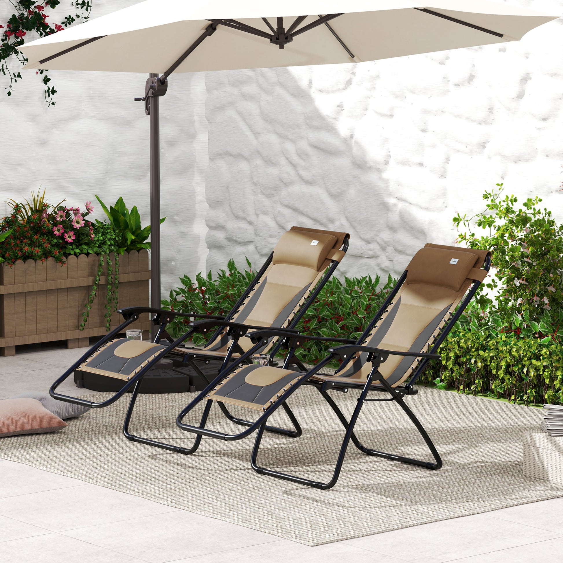 Zero Gravity Lounger Chair Set of 2, Folding Reclining Patio Chair with Padded Seat, Cup Holder, Soft Cushion and Headrest for Poolside, Camping, Coffee