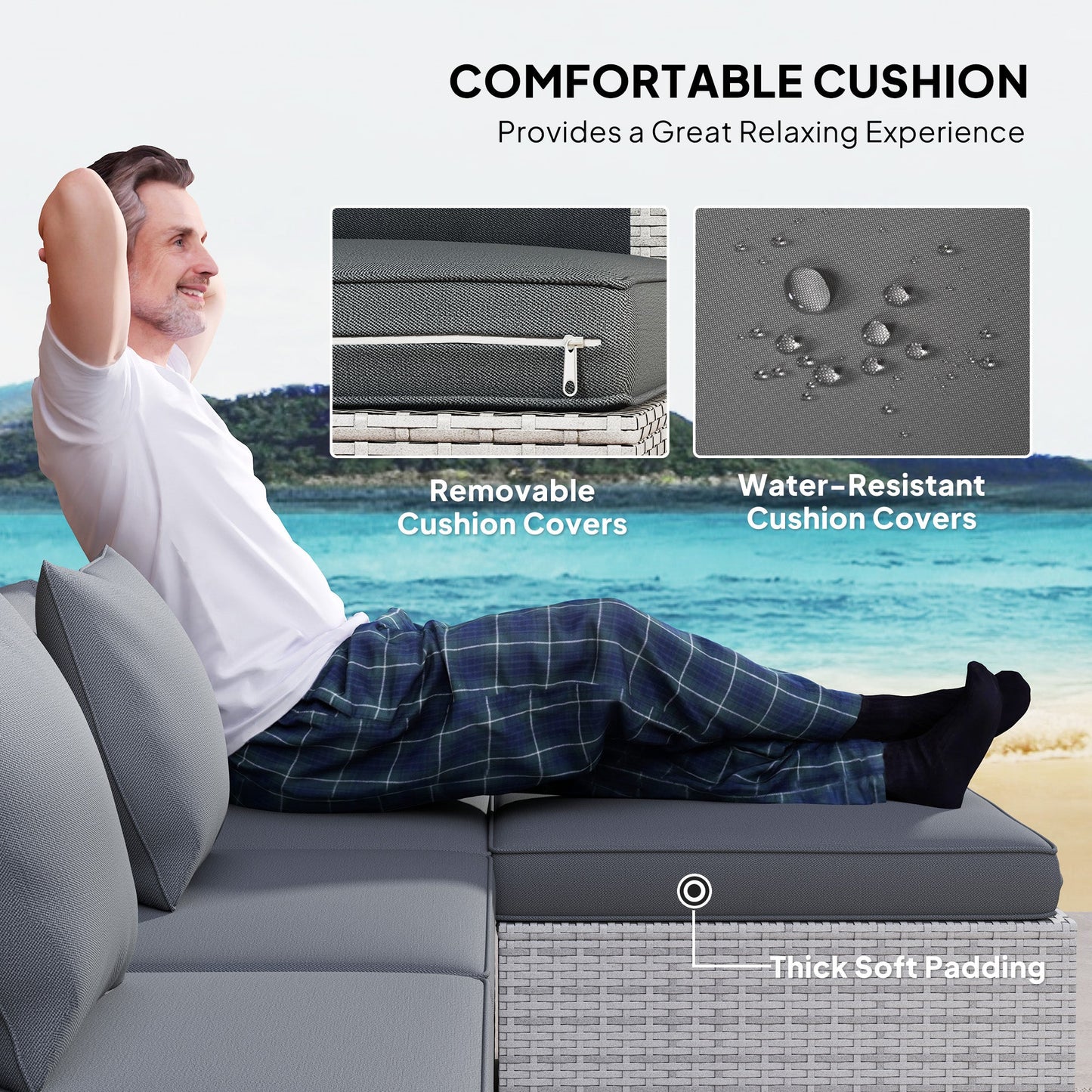 6 Pieces Rattan Garden Furniture Set, 5 Seater Sectional Garden Corner Sofa Set with Glass Top Coffee Table, Cushions and Pillows, All-Weather Wicker Conversation Furniture, Mixed Grey