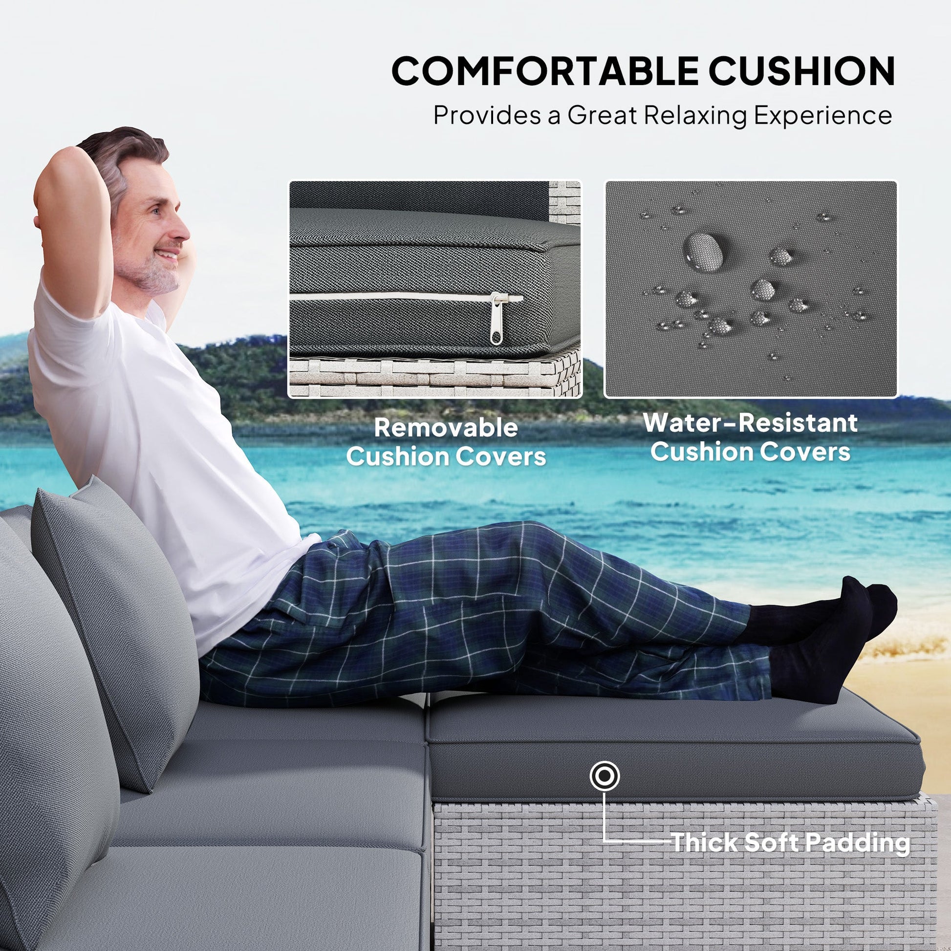 6 Pieces Rattan Garden Furniture Set, 5 Seater Sectional Garden Corner Sofa Set with Glass Top Coffee Table, Cushions and Pillows, All-Weather Wicker Conversation Furniture, Mixed Grey