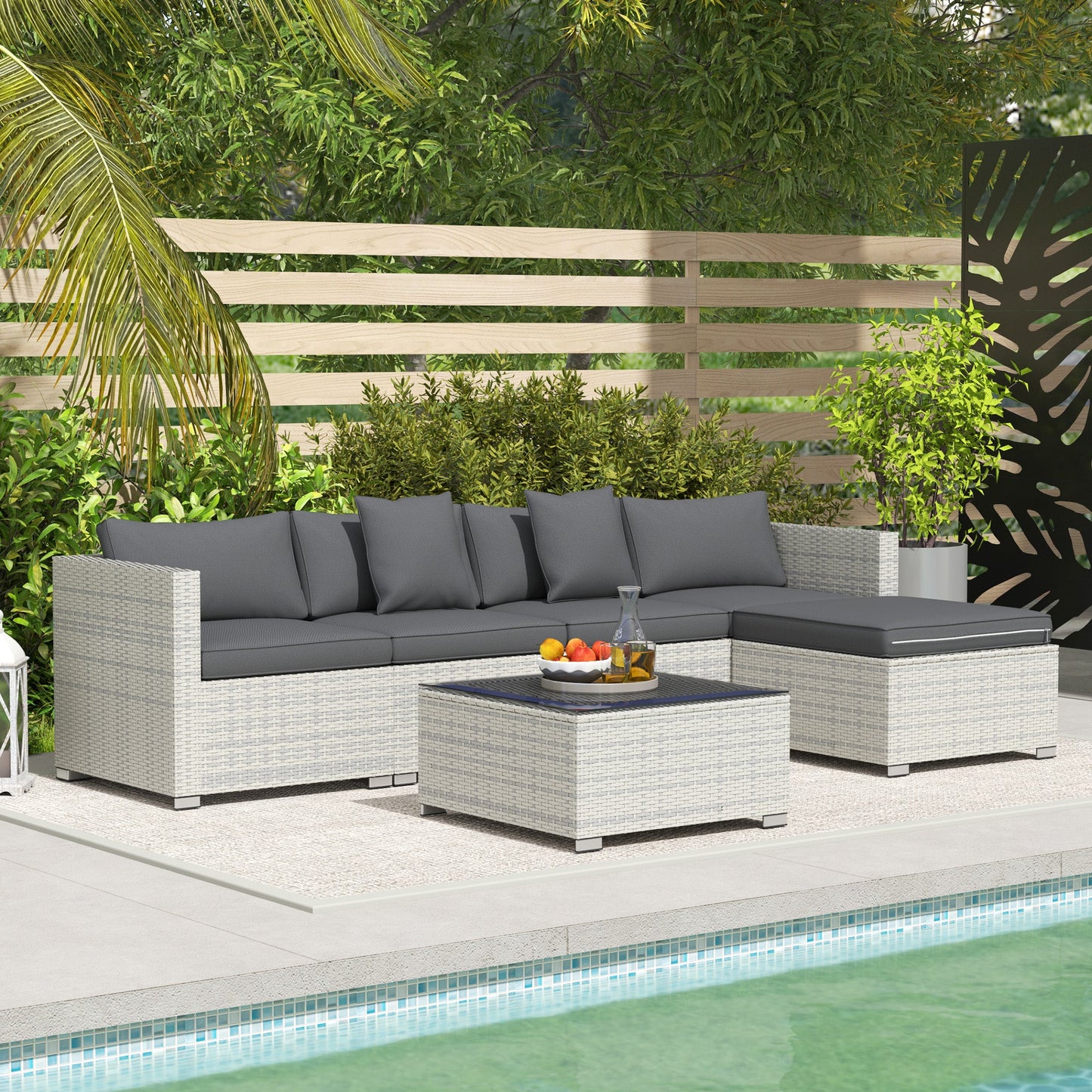 6 Pieces Rattan Garden Furniture Set, 5 Seater Sectional Garden Corner Sofa Set with Glass Top Coffee Table, Cushions and Pillows, All-Weather Wicker Conversation Furniture, Mixed Grey