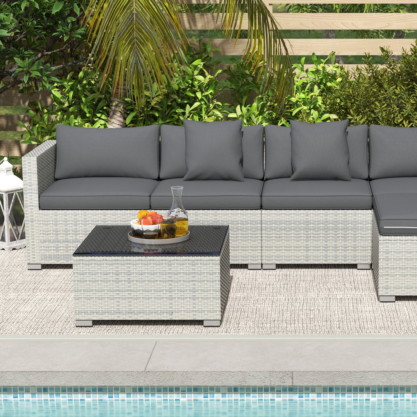 6 Pieces Rattan Garden Furniture Set, 5 Seater Sectional Garden Corner Sofa Set with Glass Top Coffee Table, Cushions and Pillows, All-Weather Wicker Conversation Furniture, Mixed Grey