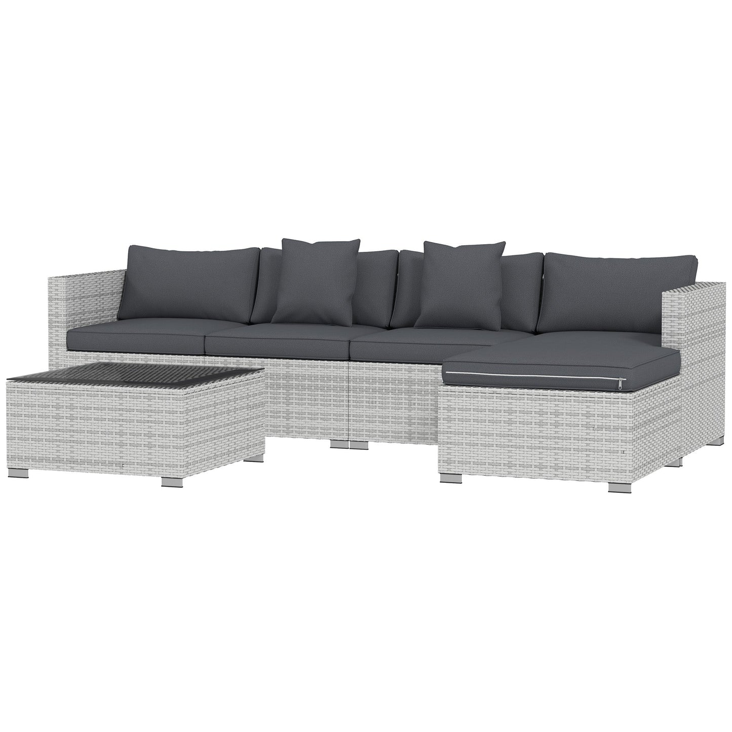 6 Pieces Rattan Garden Furniture Set, 5 Seater Sectional Garden Corner Sofa Set with Glass Top Coffee Table, Cushions and Pillows, All-Weather Wicker Conversation Furniture, Mixed Grey