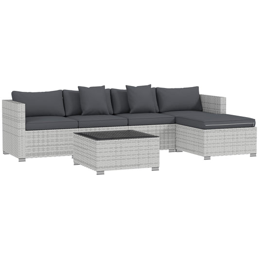 6 Pieces Rattan Garden Furniture Set, 5 Seater Sectional Garden Corner Sofa Set with Glass Top Coffee Table, Cushions and Pillows, All-Weather Wicker Conversation Furniture, Mixed Grey
