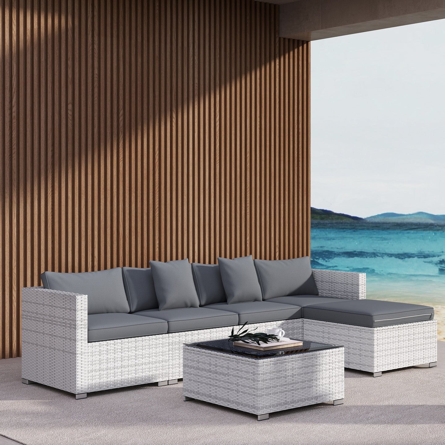 6 Pieces Rattan Garden Furniture Set, 5 Seater Sectional Garden Corner Sofa Set with Glass Top Coffee Table, Cushions and Pillows, All-Weather Wicker Conversation Furniture, Mixed Grey
