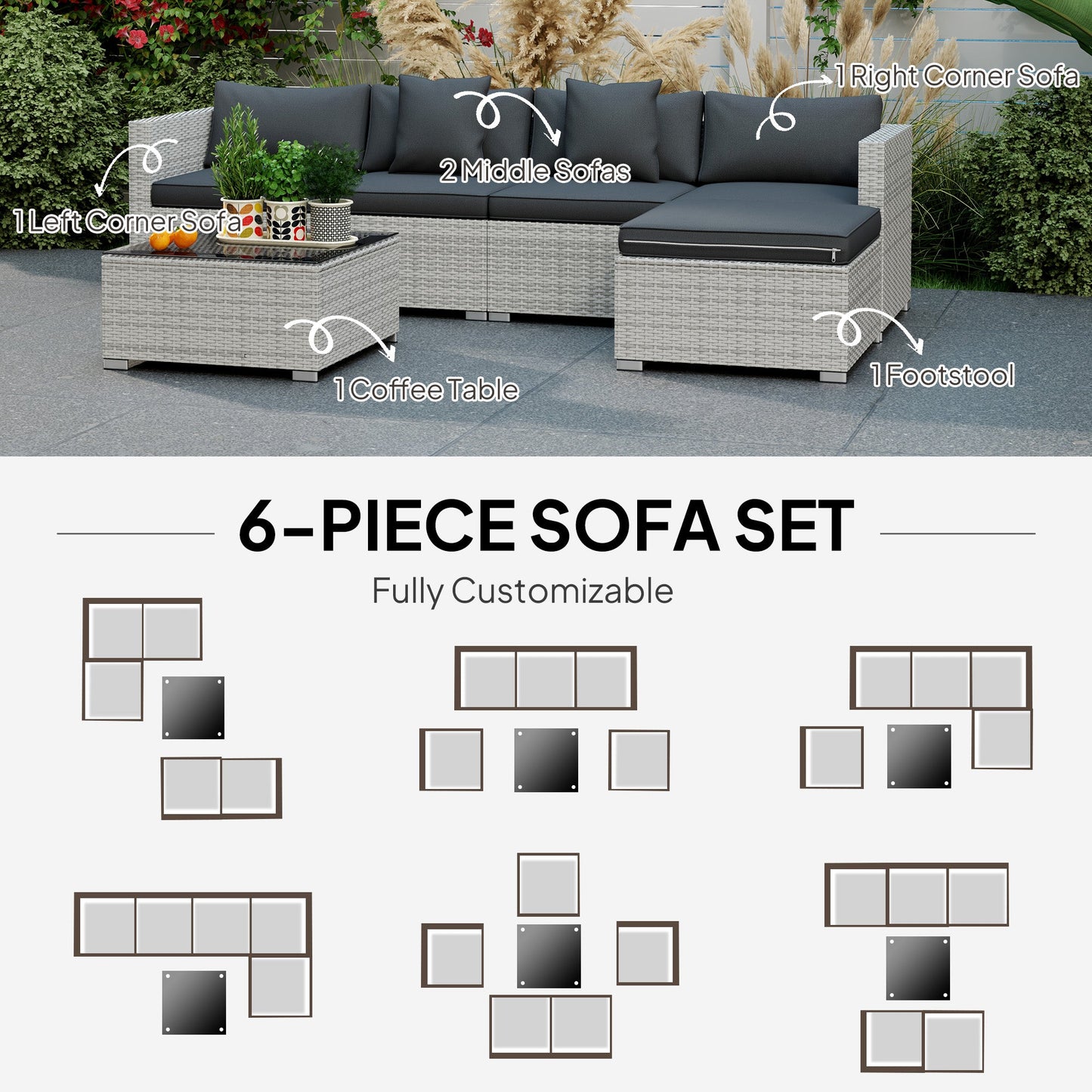 6 Pieces Rattan Garden Furniture Set, 5 Seater Sectional Garden Corner Sofa Set with Glass Top Coffee Table, Cushions and Pillows, All-Weather Wicker Conversation Furniture, Mixed Grey