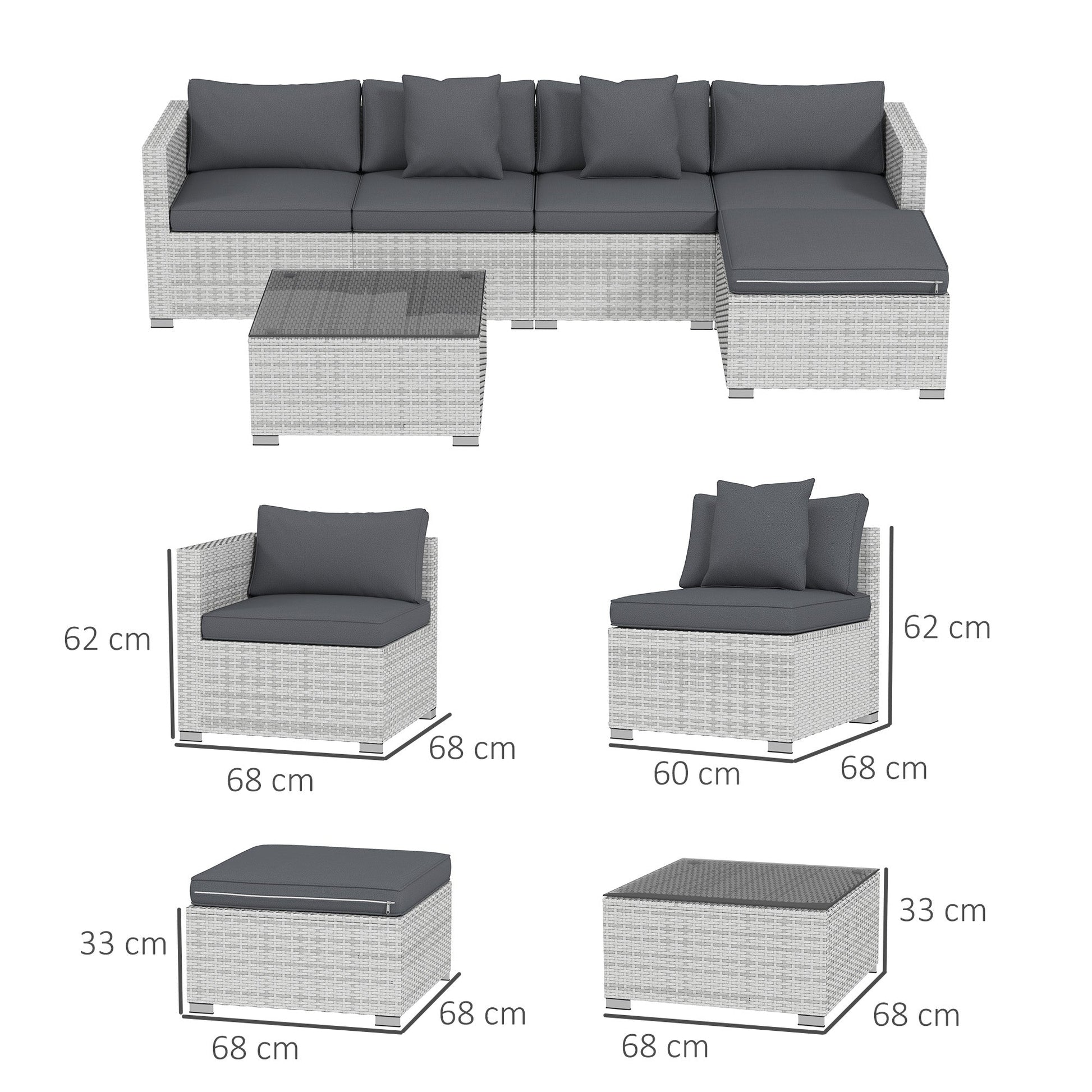 6 Pieces Rattan Garden Furniture Set, 5 Seater Sectional Garden Corner Sofa Set with Glass Top Coffee Table, Cushions and Pillows, All-Weather Wicker Conversation Furniture, Mixed Grey