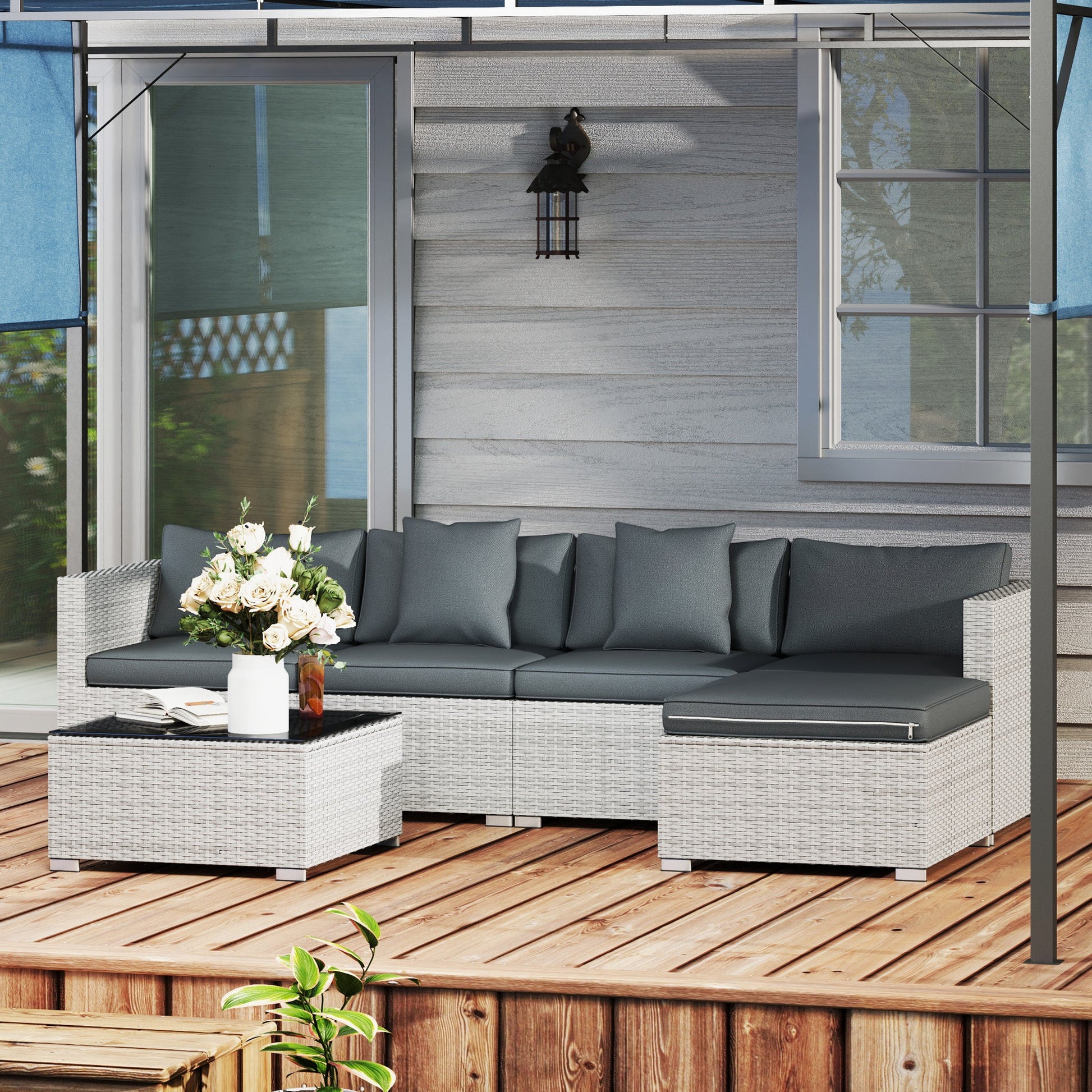 6 Pieces Rattan Garden Furniture Set, 5 Seater Sectional Garden Corner Sofa Set with Glass Top Coffee Table, Cushions and Pillows, All-Weather Wicker Conversation Furniture, Mixed Grey