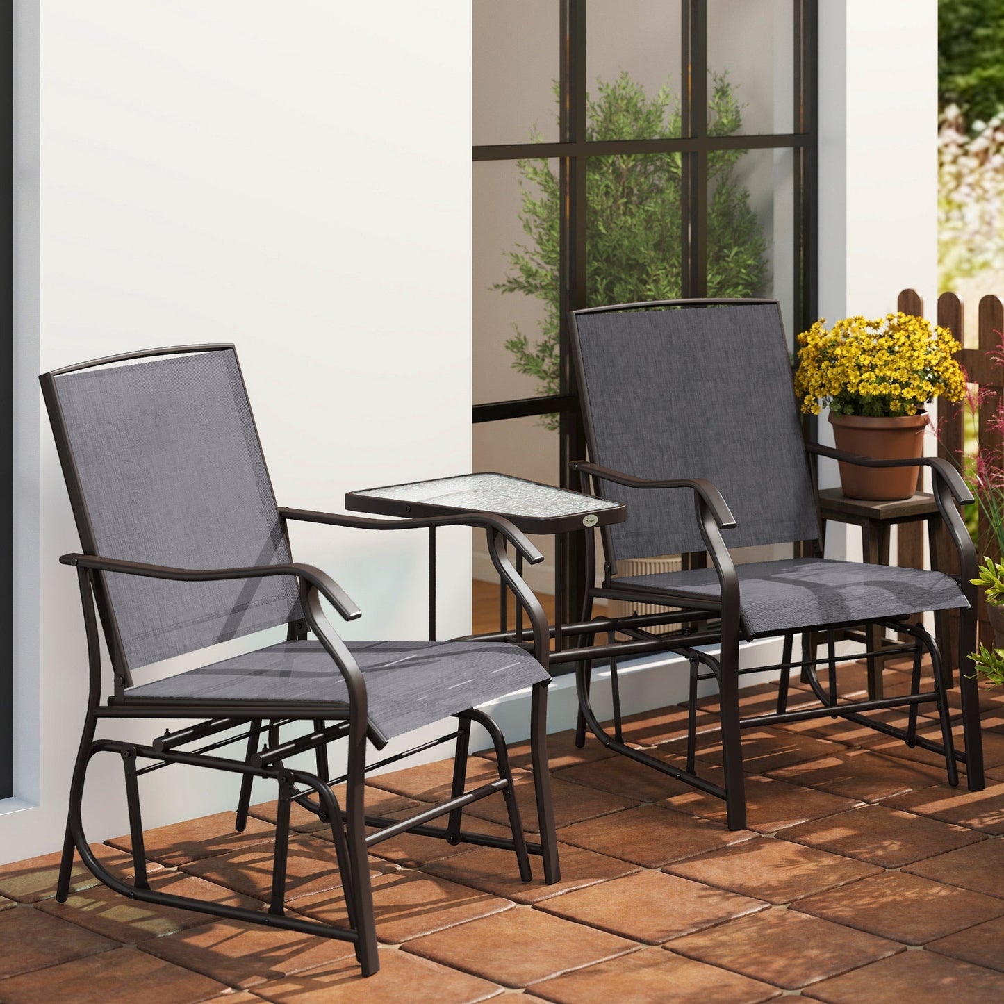 Outdoor Double Glider Rocking Chairs with Glass Top Middle Table, Metal Gliding Love Seat Conversation Furniture with Breathable Mesh Fabric Seat, for Garden, Patio, Grey