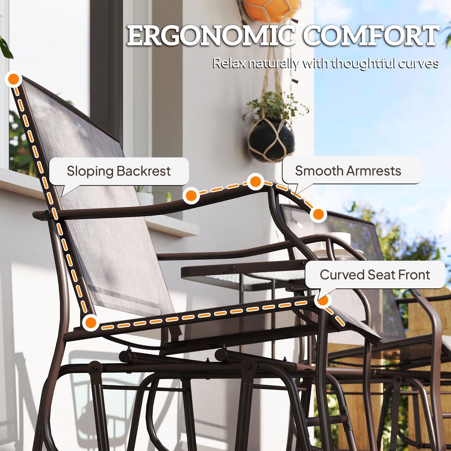 Outdoor Double Glider Rocking Chairs with Glass Top Middle Table, Metal Gliding Love Seat Conversation Furniture with Breathable Mesh Fabric Seat, for Garden, Patio, Grey