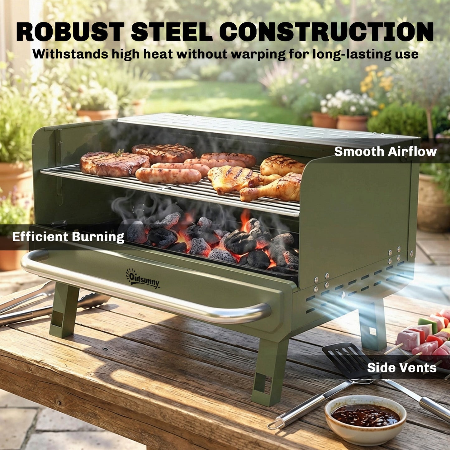Portable BBQ Grill, Charcoal Barbecue Grill with Adjustable Grates, Foldable Legs and Side Shelf for Camping Hiking Picnic Travel Garden Outdoor Cooking, Green