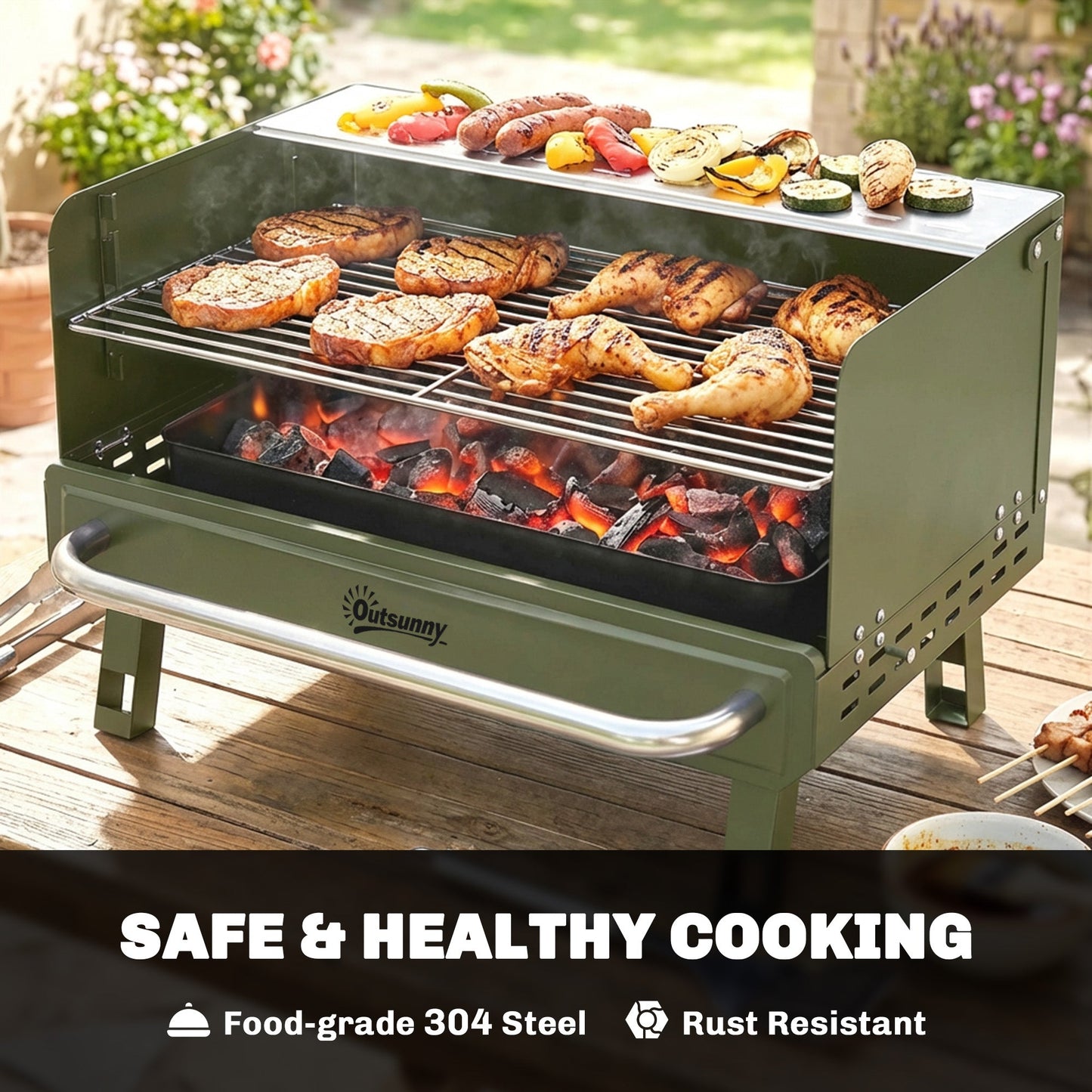 Portable BBQ Grill, Charcoal Barbecue Grill with Adjustable Grates, Foldable Legs and Side Shelf for Camping Hiking Picnic Travel Garden Outdoor Cooking, Green