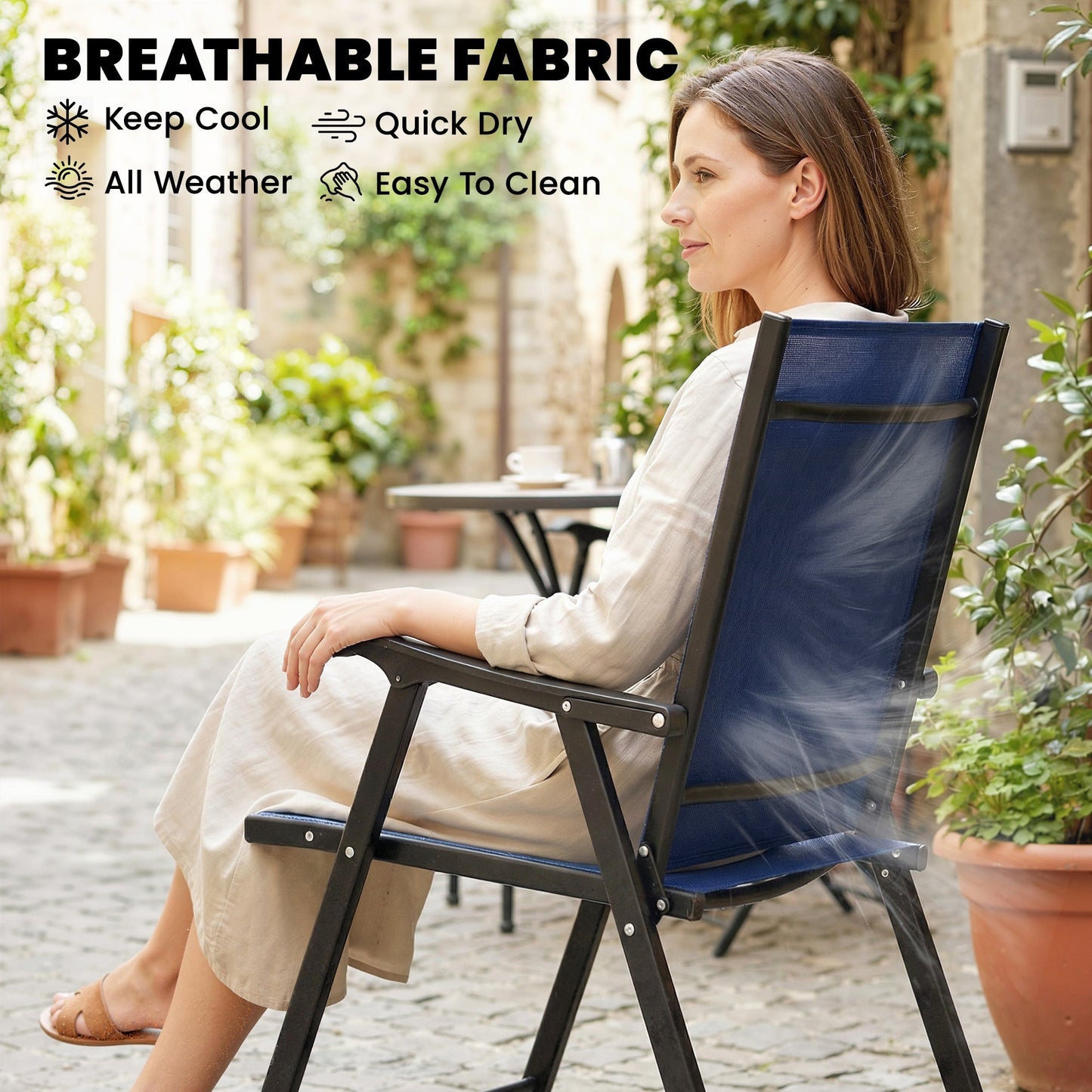 Folding Garden Chairs Set of 4, Foldable Garden Dining Chairs with High Back and Armrests, Breathable Texteline Folding Outdoor Chair Set with Metal Frame for Patio, Balcony, Navy Blue