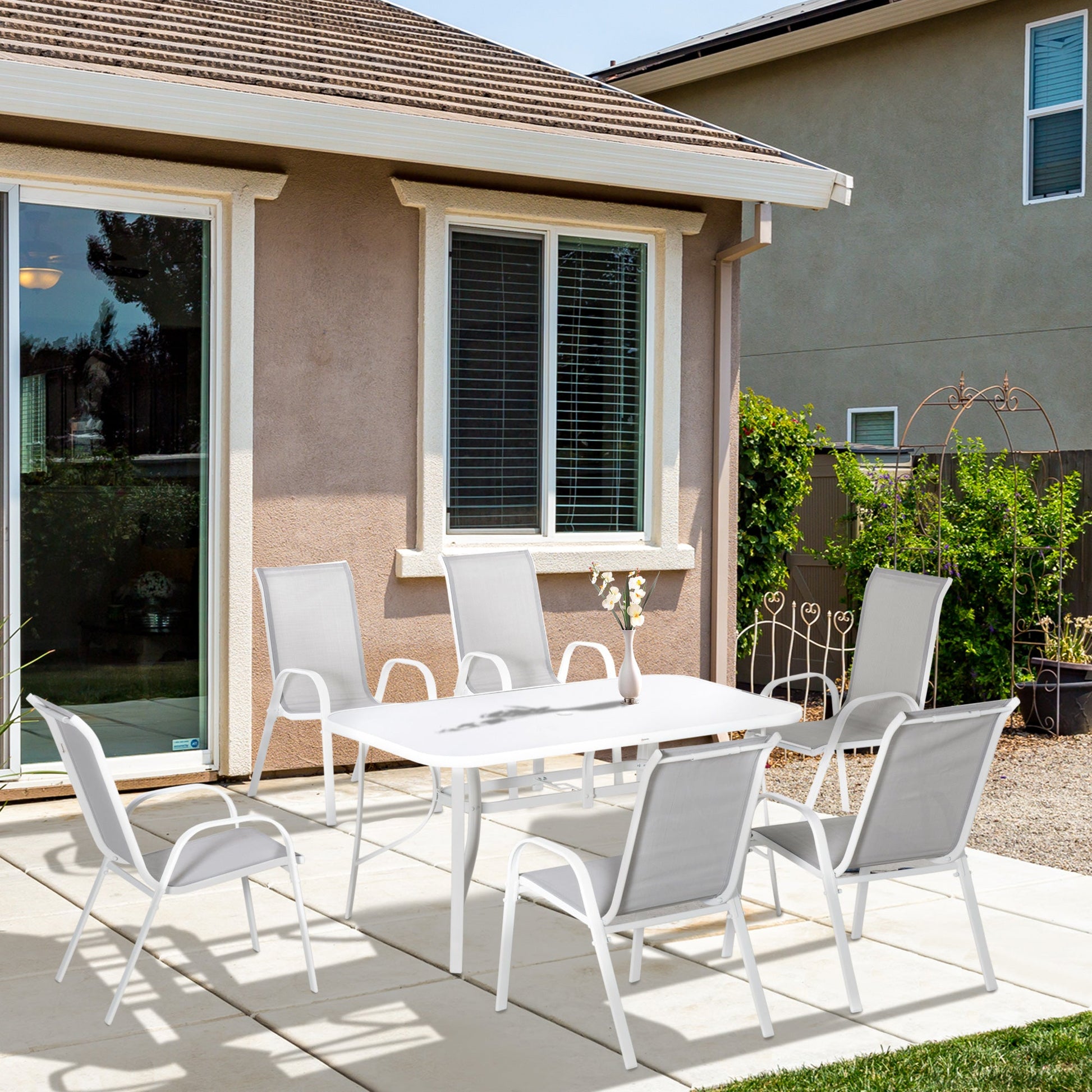 7 Piece Garden Dining Set with Dining Table and Chairs, 6 Seater Outdoor Furniture with Parasol Hole for Deck and Balcony, Grey