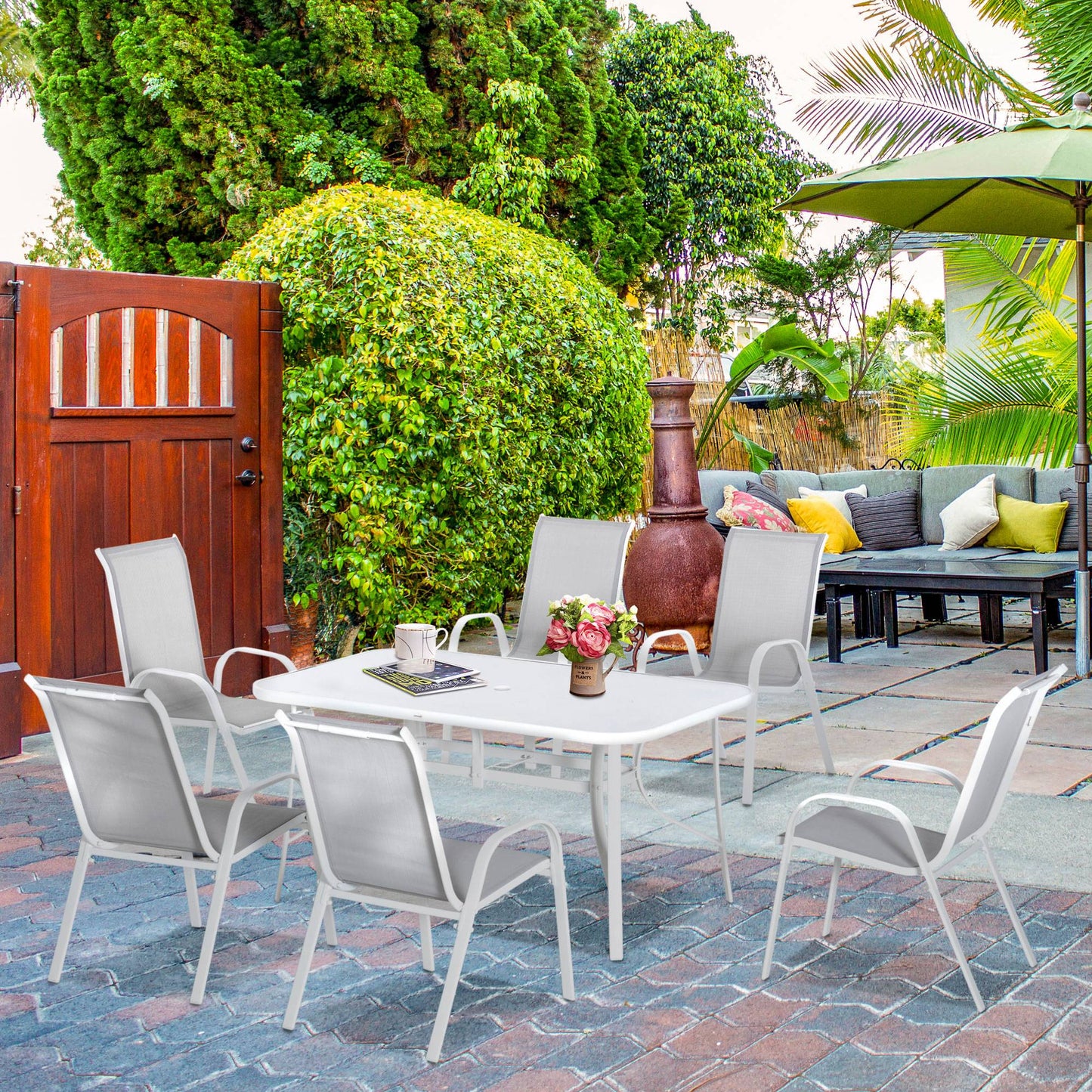 7 Piece Garden Dining Set with Dining Table and Chairs, 6 Seater Outdoor Furniture with Parasol Hole for Deck and Balcony, Grey