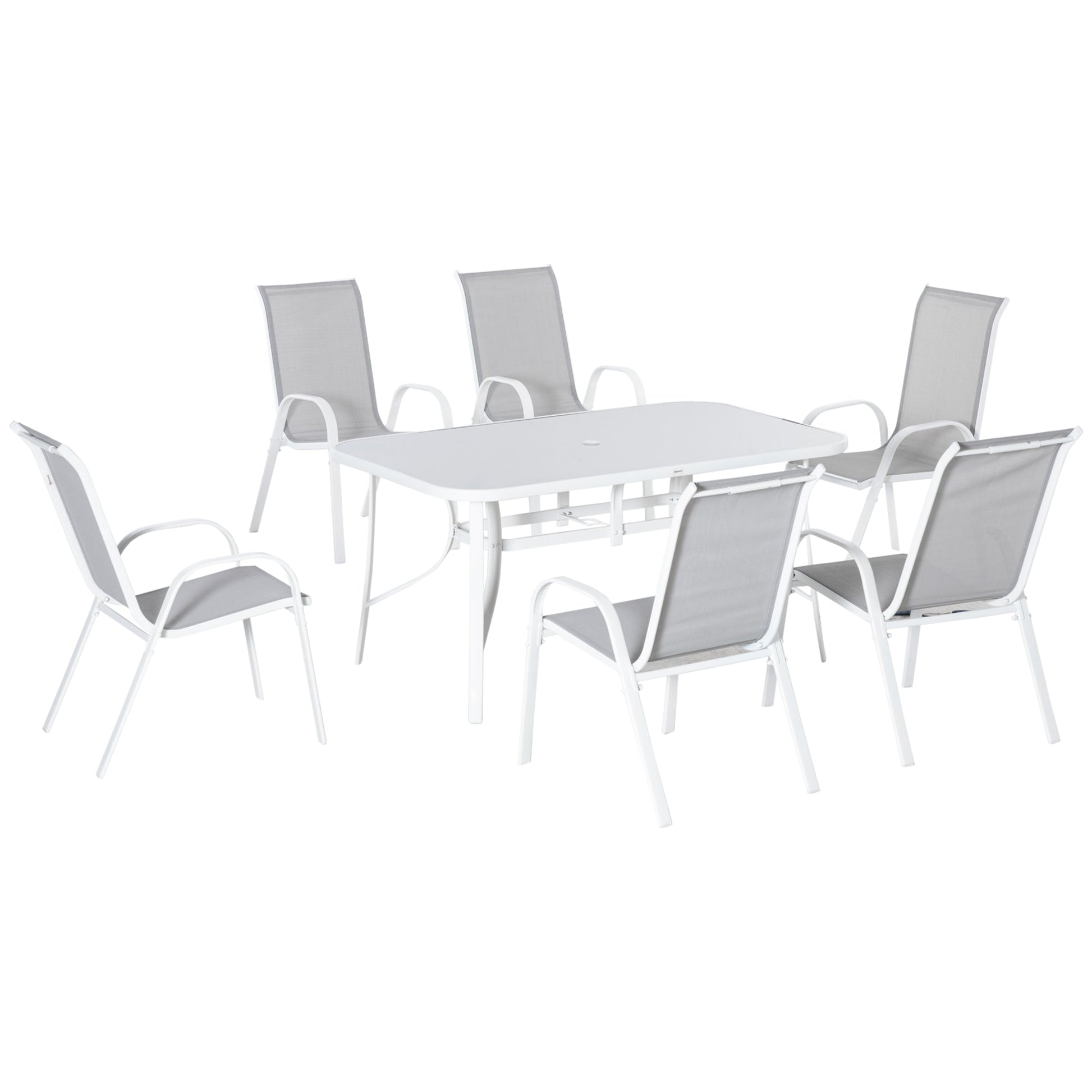 7 Piece Garden Dining Set with Dining Table and Chairs, 6 Seater Outdoor Furniture with Parasol Hole for Deck and Balcony, Grey