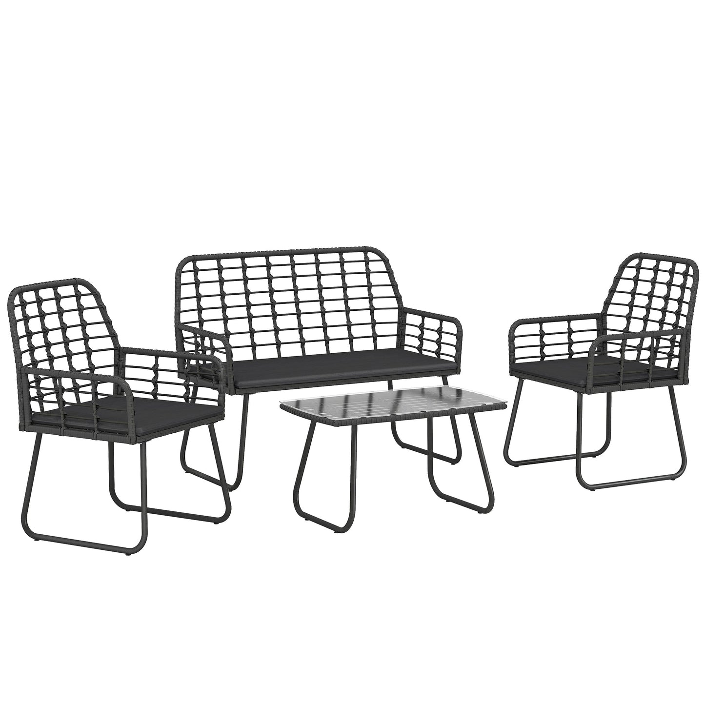 4 Piece Rattan Garden Furniture Set, Outdoor Patio Furniture with Loveseat, Armchairs and Coffee Table, Indoor Balcony Conservatory Set with Cushions for Garden, Poolside, Black