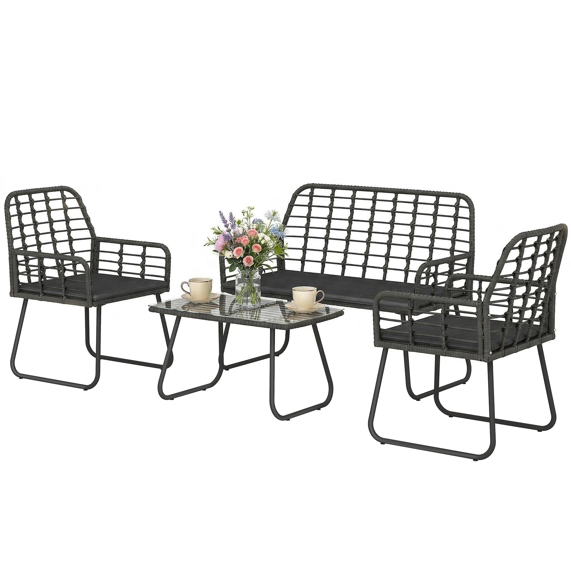 4 Piece Rattan Garden Furniture Set, Outdoor Patio Furniture with Loveseat, Armchairs and Coffee Table, Indoor Balcony Conservatory Set with Cushions for Garden, Poolside, Black