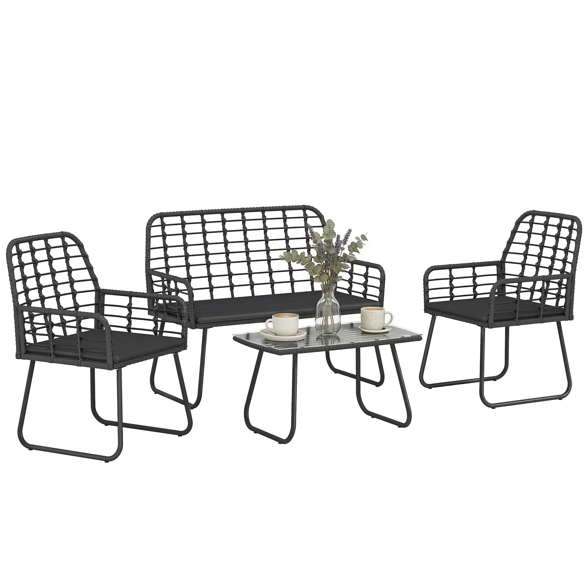 4 Piece Rattan Garden Furniture Set, Outdoor Patio Furniture with Loveseat, Armchairs and Coffee Table, Indoor Balcony Conservatory Set with Cushions for Garden, Poolside, Black