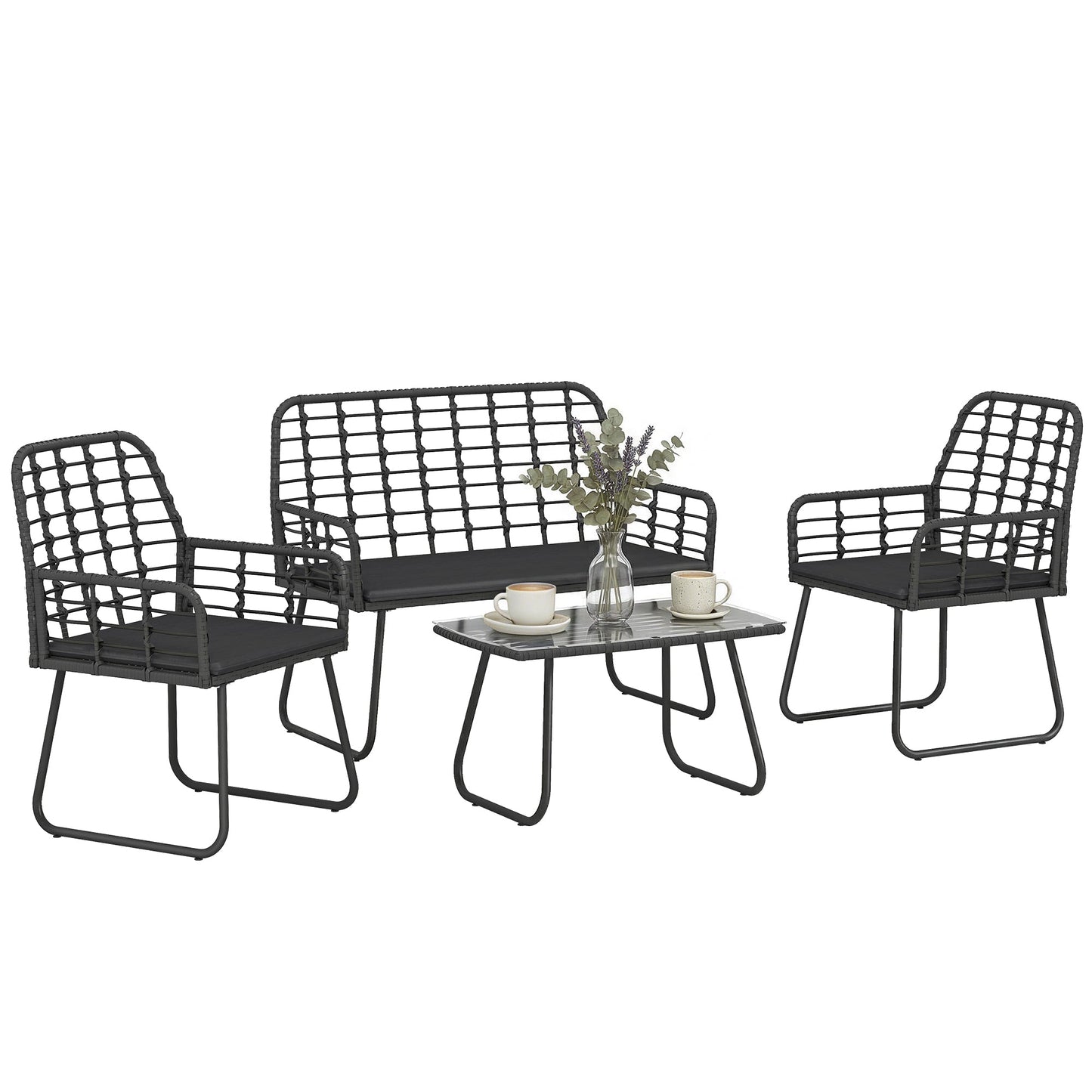 4 Piece Rattan Garden Furniture Set, Outdoor Patio Furniture with Loveseat, Armchairs and Coffee Table, Indoor Balcony Conservatory Set with Cushions for Garden, Poolside, Black