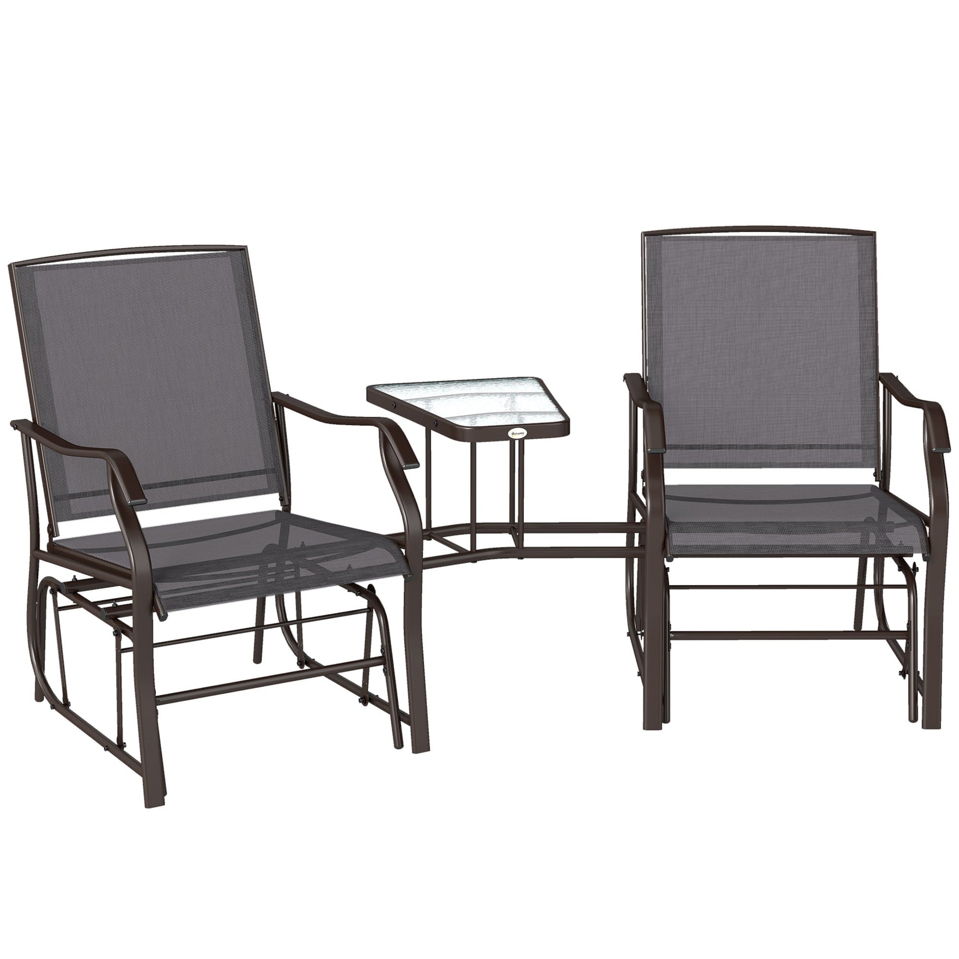 Outdoor Double Glider Rocking Chairs with Glass Top Middle Table, Metal Gliding Love Seat Conversation Furniture with Breathable Mesh Fabric Seat, for Garden, Patio, Grey