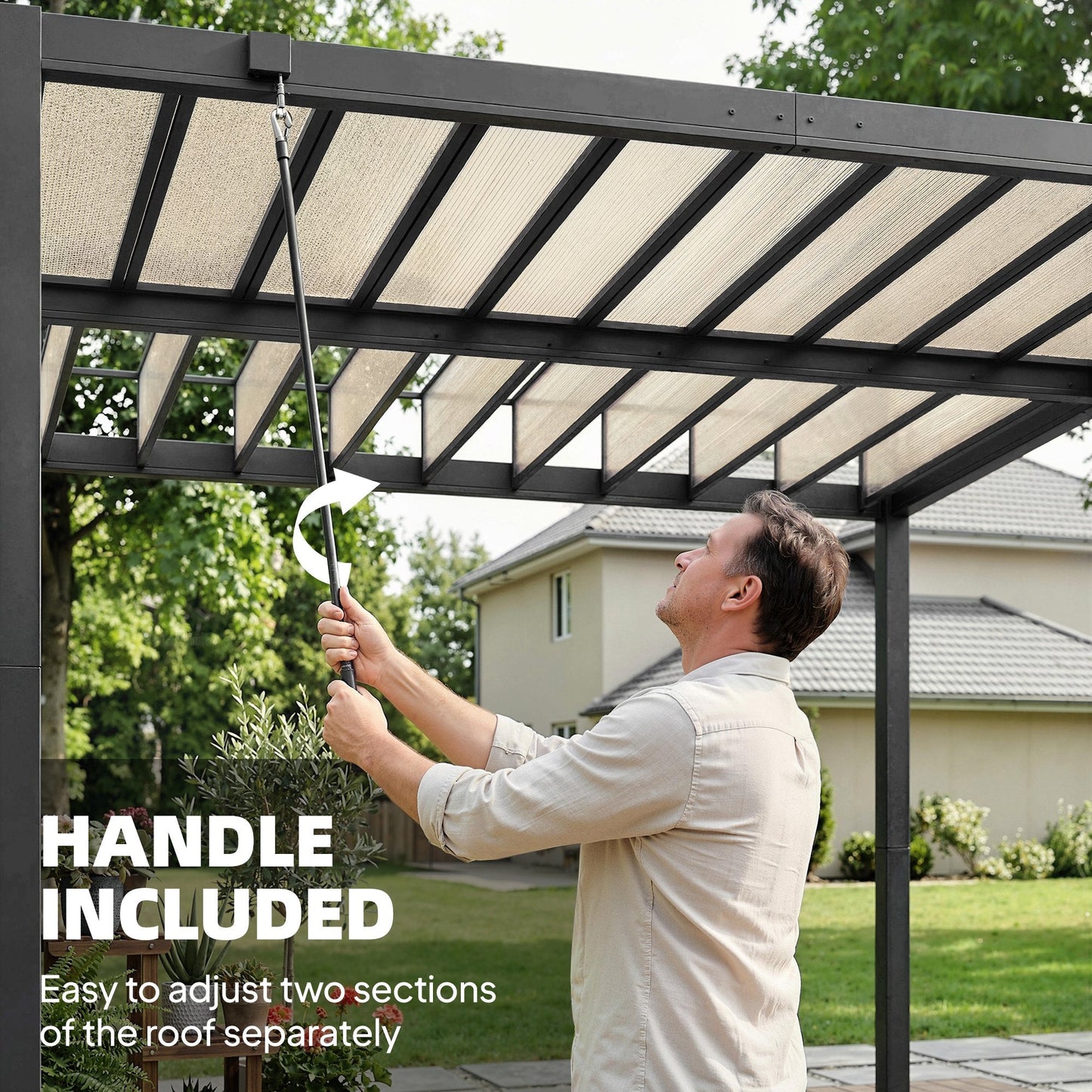 3 x 3 m Louvered Pergola with Adjustable PC Louvred Roof, Aluminium Frame, Patio Gazebo Pergola Canopy with Drainage Gutters, Handle, Expansion Screws for Garden Outdoor, Coffee