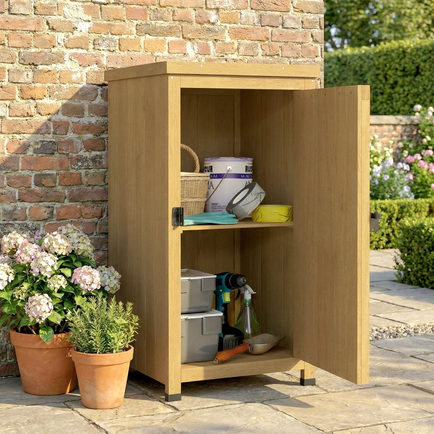 Wooden Garden Shed, Garden Tool Storage Shed with Galvanised Top and Shelf, Outdoor Storage Cabinet with Door, Light Brown