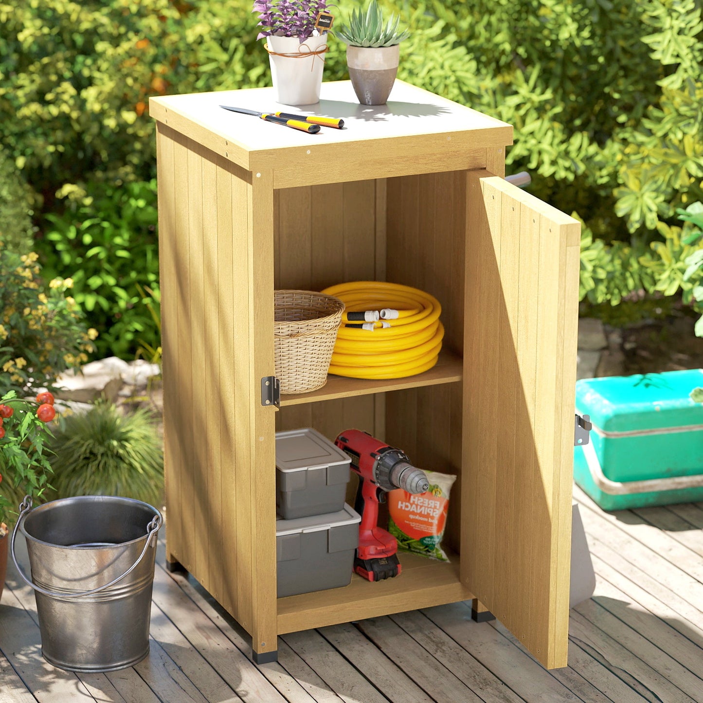 Wooden Garden Shed, Garden Tool Storage Shed with Galvanised Top and Shelf, Outdoor Storage Cabinet with Door, Light Brown