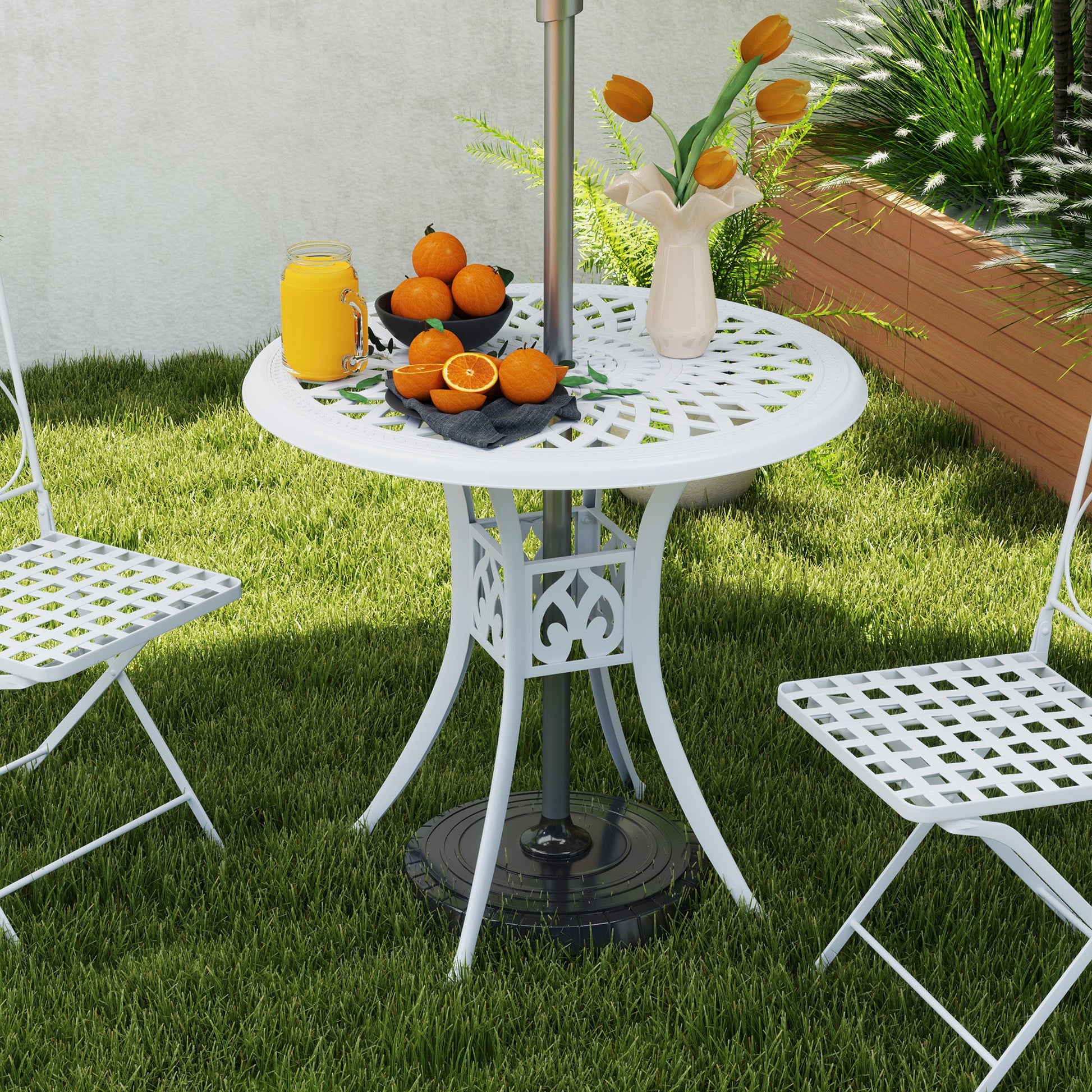 78 cm Round Garden Dining Table with Parasol Hole Antique Cast Aluminium Outdoor Table Only, White
