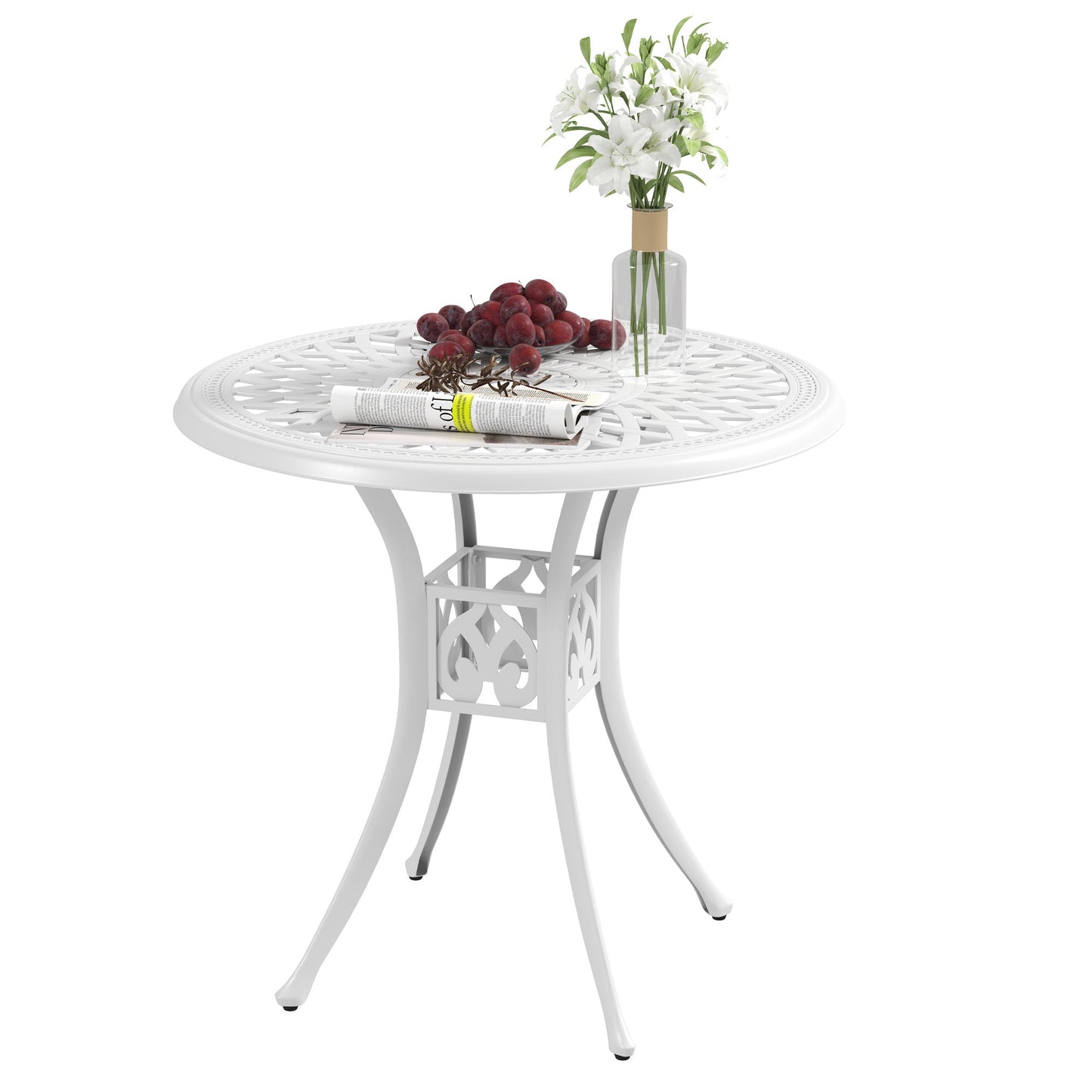 78 cm Round Garden Dining Table with Parasol Hole Antique Cast Aluminium Outdoor Table Only, White