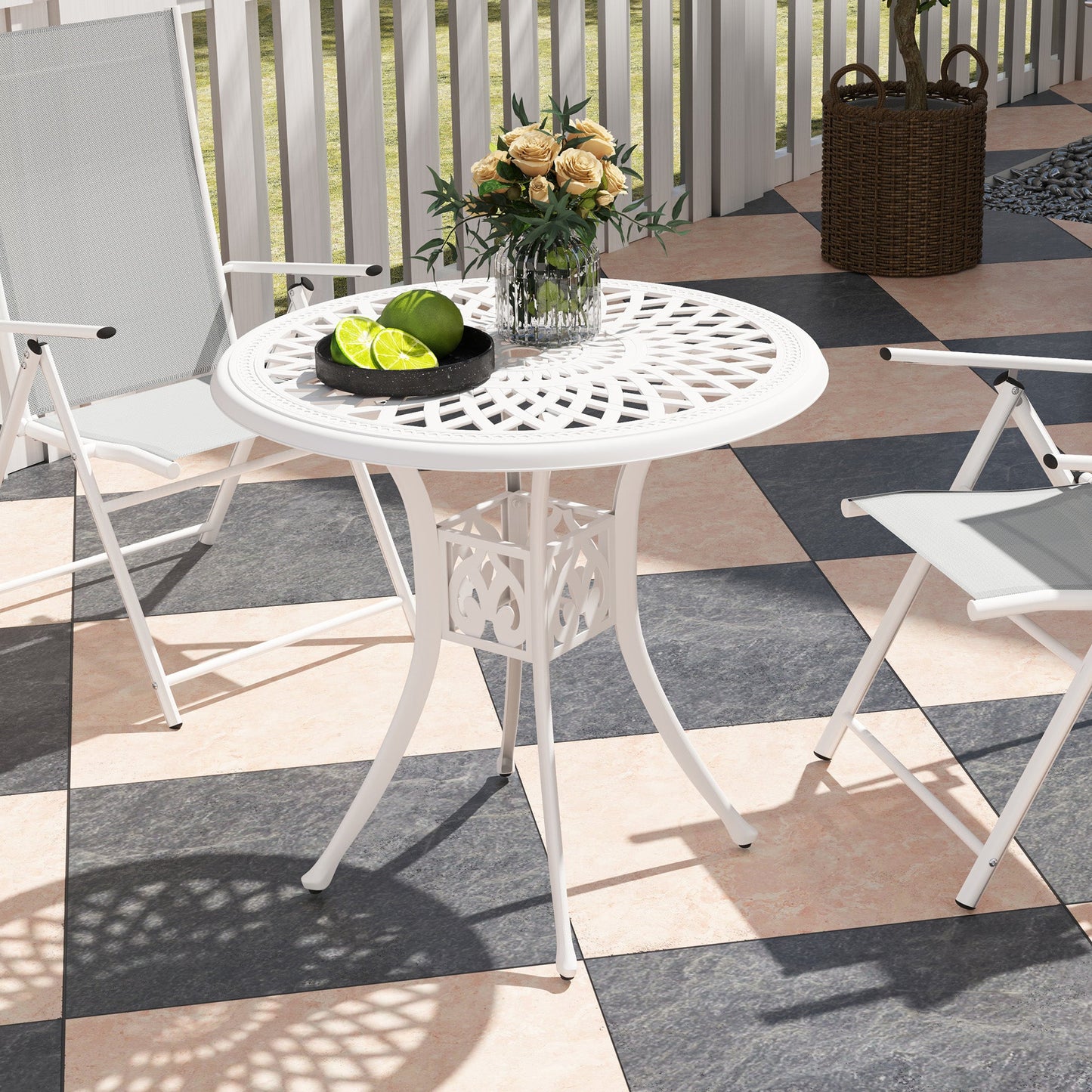 78 cm Round Garden Dining Table with Parasol Hole Antique Cast Aluminium Outdoor Table Only, White