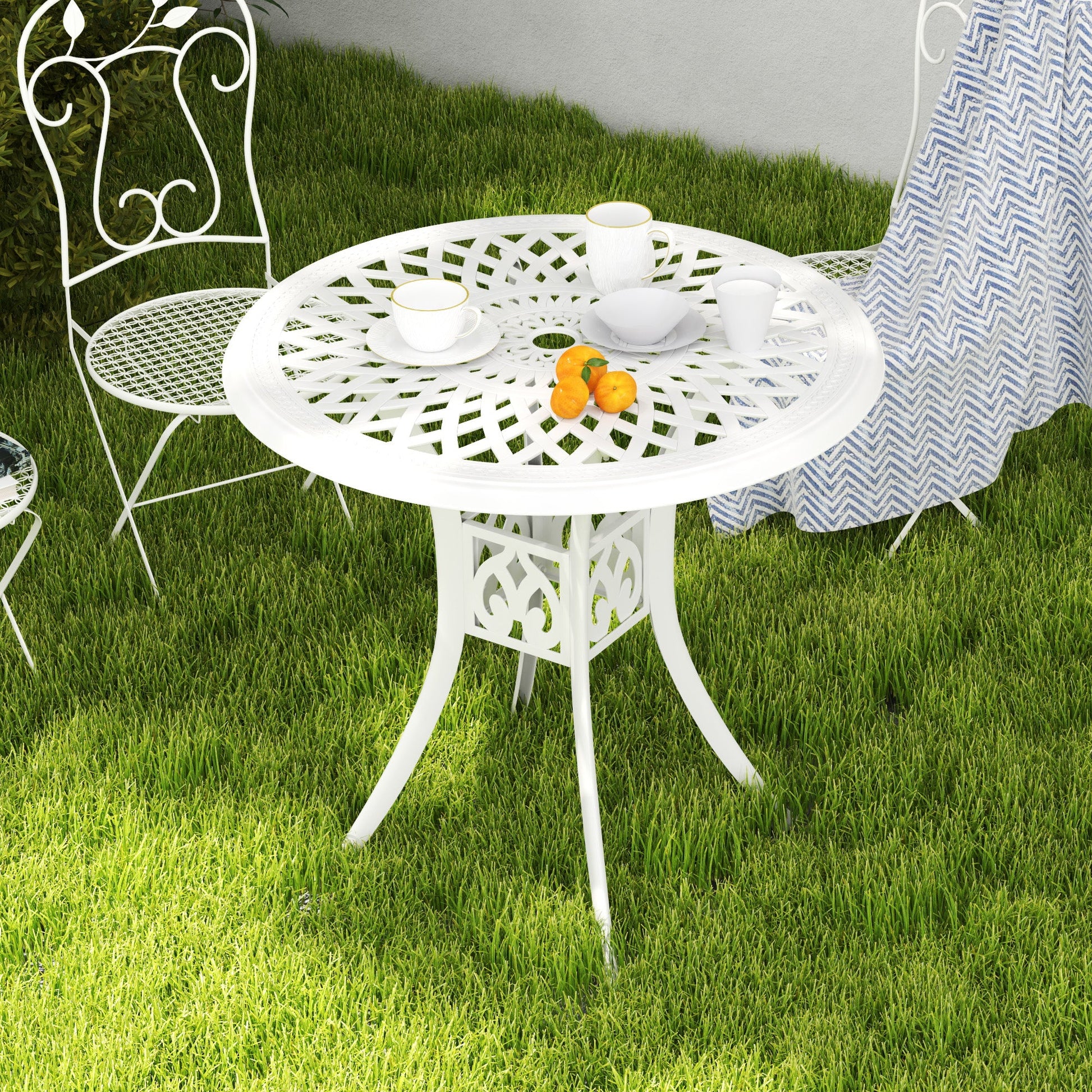 78 cm Round Garden Dining Table with Parasol Hole Antique Cast Aluminium Outdoor Table Only, White