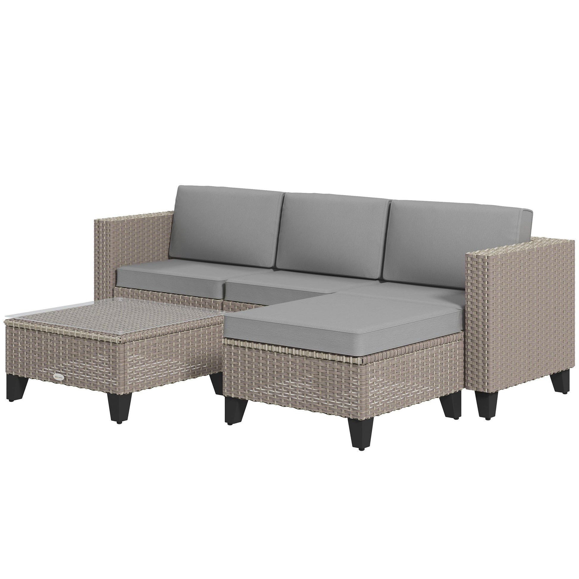 5 Pieces PE Rattan Garden Furniture Set, 4 Seater Garden Corner Sofa Set with Glass Coffee Table, Wicker Outdoor Furniture Set with Cushions for Patio Deck, Brown