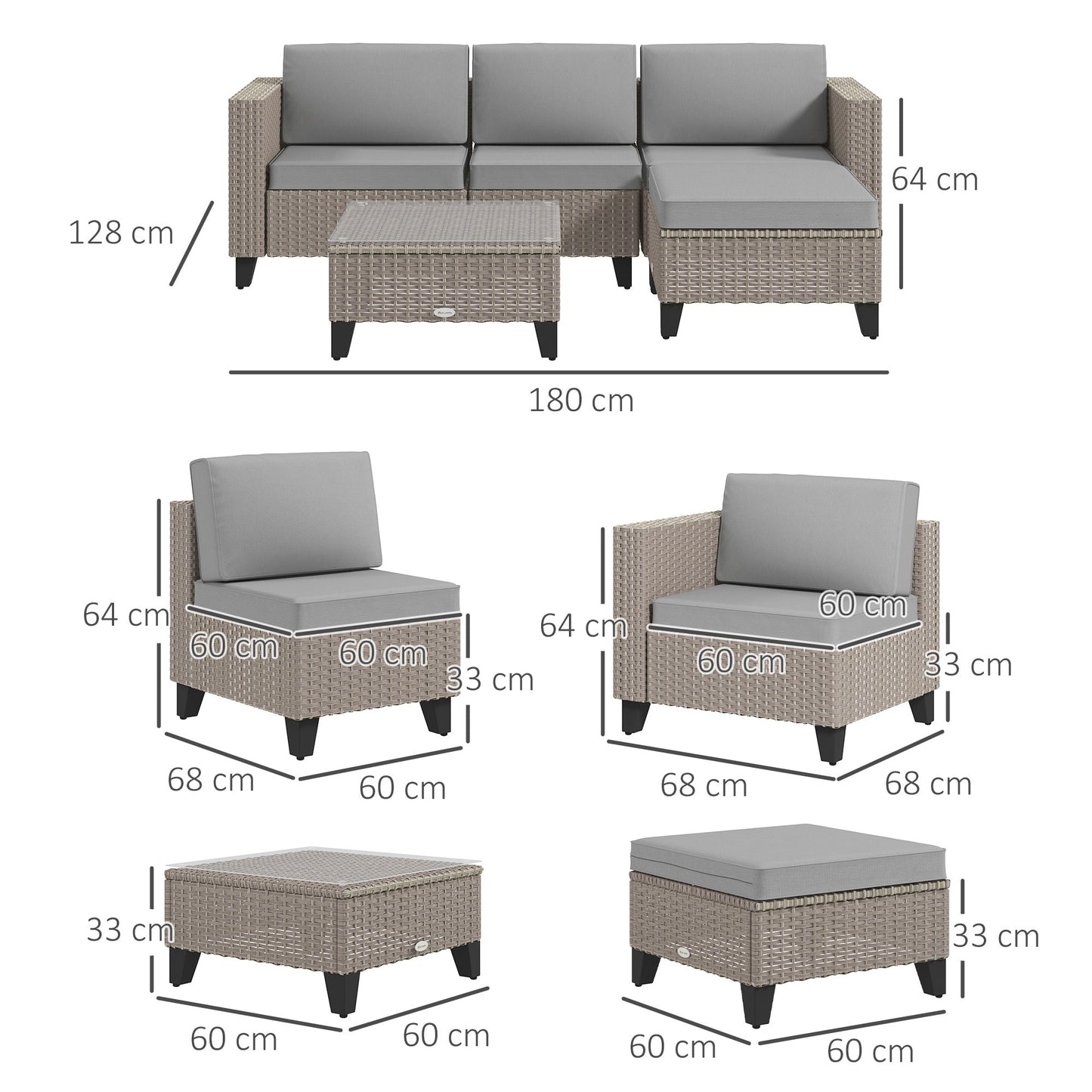 5 Pieces PE Rattan Garden Furniture Set, 4 Seater Garden Corner Sofa Set with Glass Coffee Table, Wicker Outdoor Furniture Set with Cushions for Patio Deck, Brown