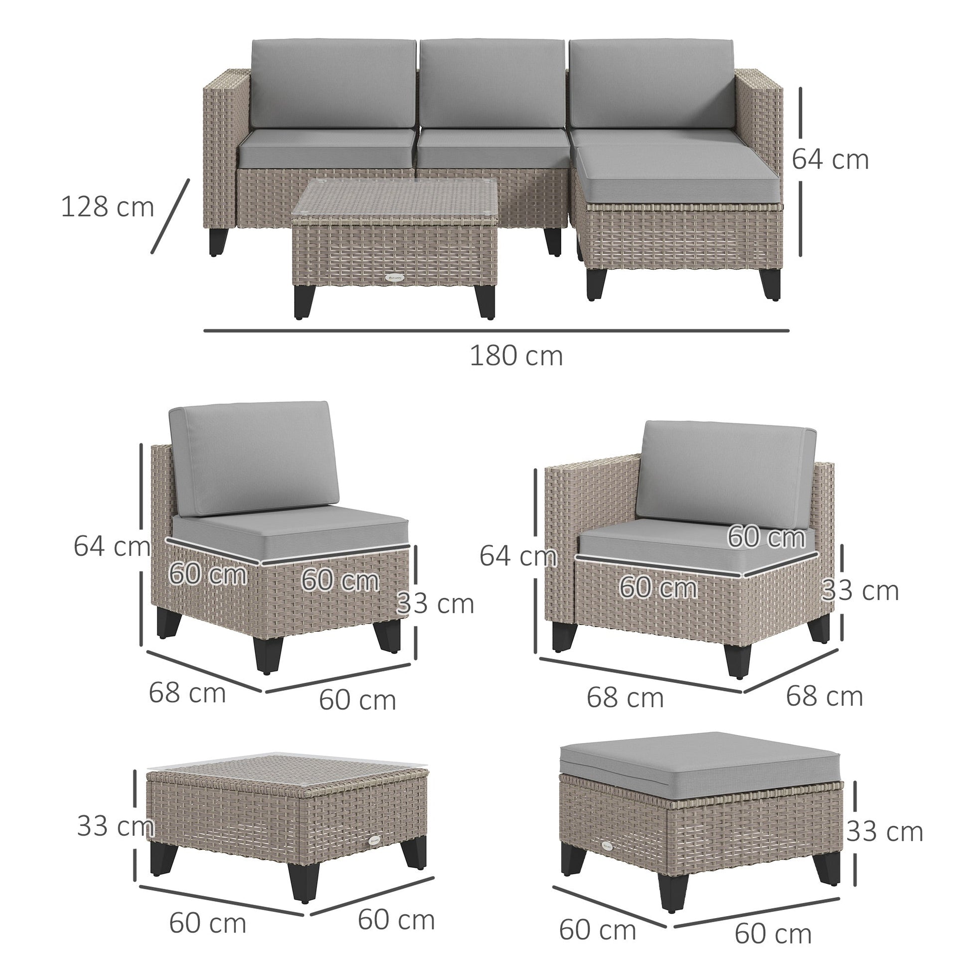 5 Pieces PE Rattan Garden Furniture Set, 4 Seater Garden Corner Sofa Set with Glass Coffee Table, Wicker Outdoor Furniture Set with Cushions for Patio Deck, Brown