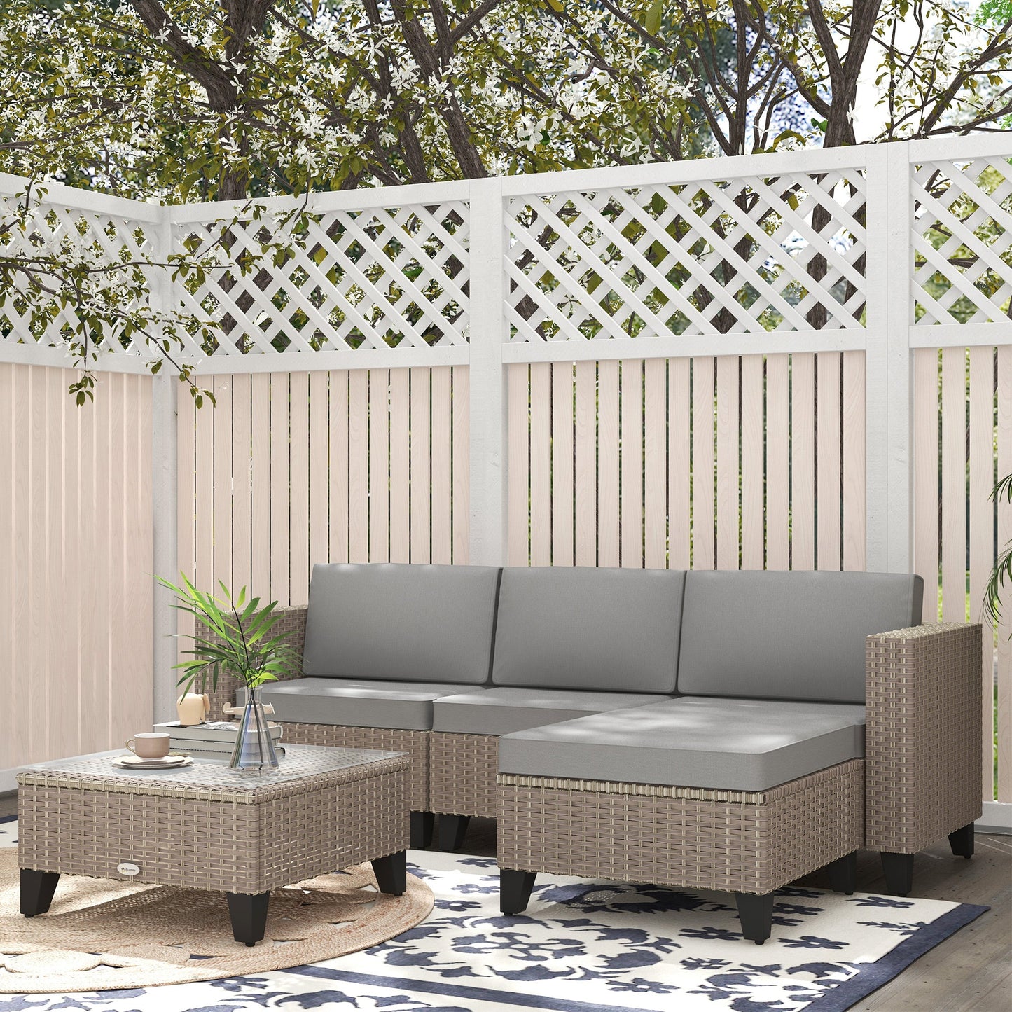 5 Pieces PE Rattan Garden Furniture Set, 4 Seater Garden Corner Sofa Set with Glass Coffee Table, Wicker Outdoor Furniture Set with Cushions for Patio Deck, Brown