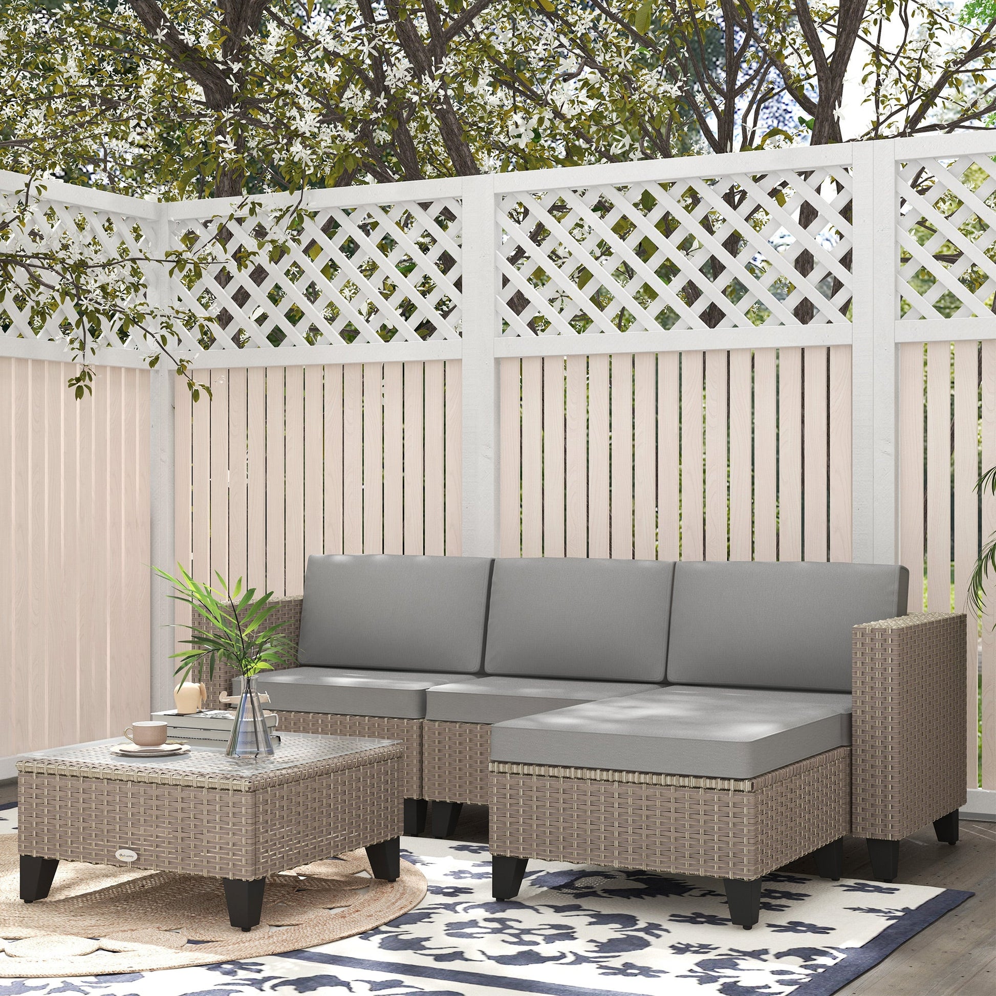 5 Pieces PE Rattan Garden Furniture Set, 4 Seater Garden Corner Sofa Set with Glass Coffee Table, Wicker Outdoor Furniture Set with Cushions for Patio Deck, Brown