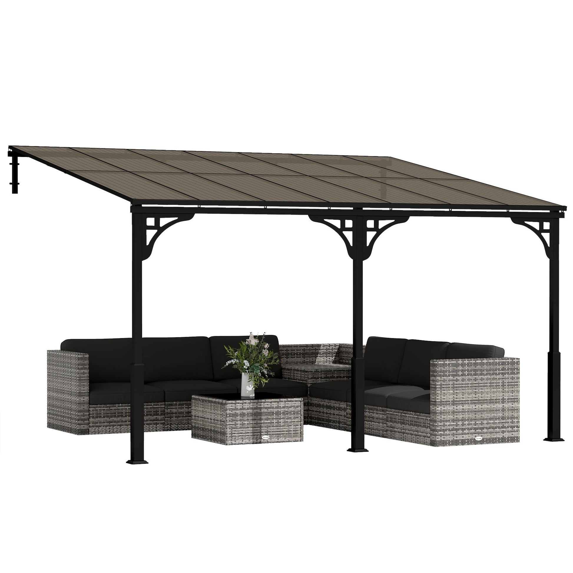 4 x 3 m Metal Lean-to Pergola, Wall-Mounted Garden Pergola with Polycarbonate Roof and Metal-Aluminium Frame, Heavy Duty Hardtop Gazebo for Outdoor Patios, BBQ, Brown