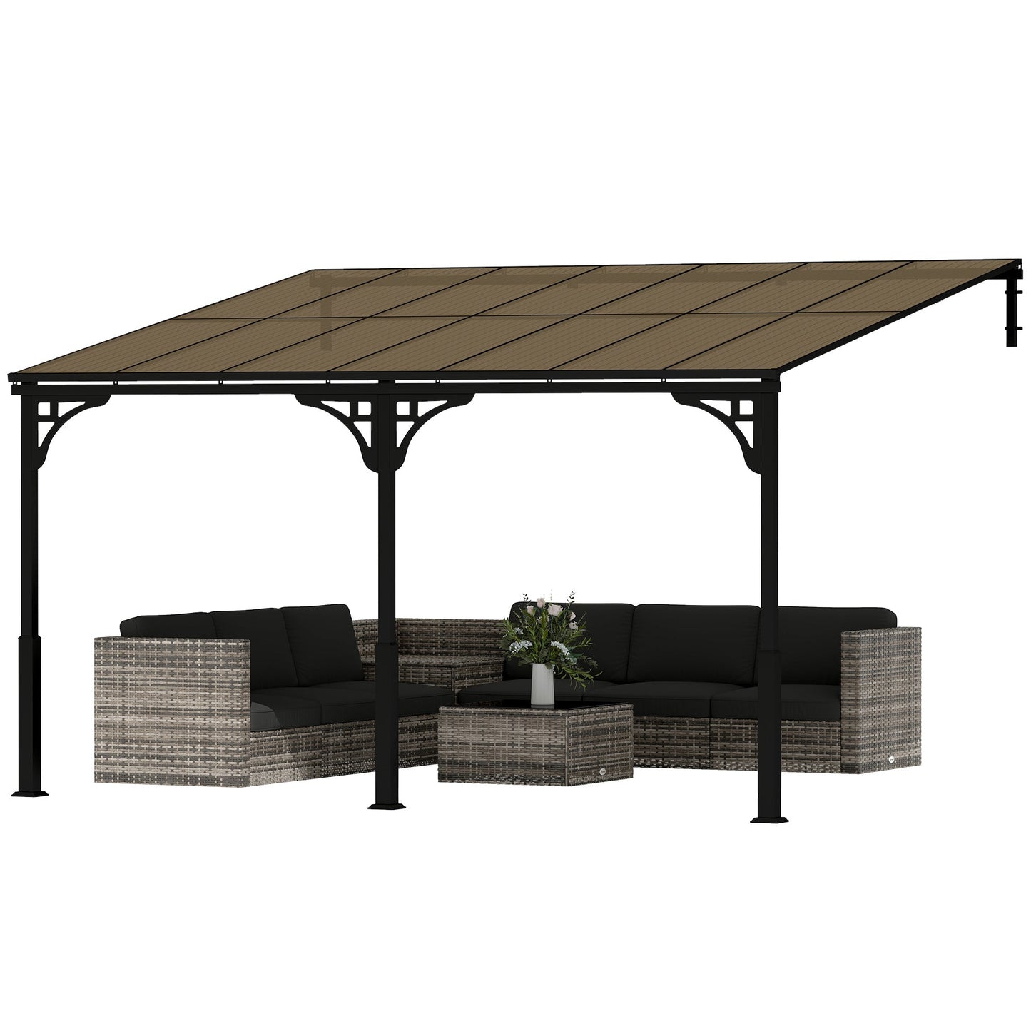 4 x 3 m Metal Lean-to Pergola, Wall-Mounted Garden Pergola with Polycarbonate Roof and Metal-Aluminium Frame, Heavy Duty Hardtop Gazebo for Outdoor Patios, BBQ, Brown