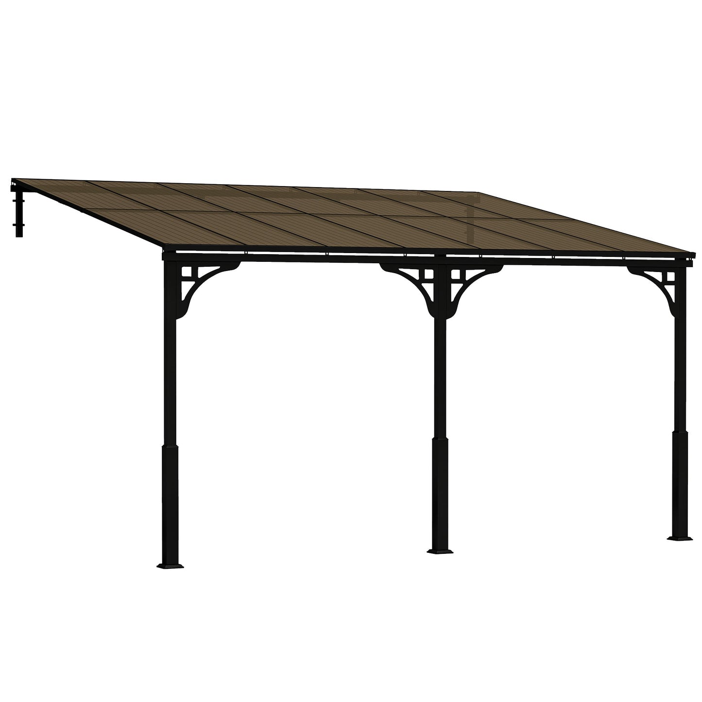 4 x 3 m Metal Lean-to Pergola, Wall-Mounted Garden Pergola with Polycarbonate Roof and Metal-Aluminium Frame, Heavy Duty Hardtop Gazebo for Outdoor Patios, BBQ, Brown