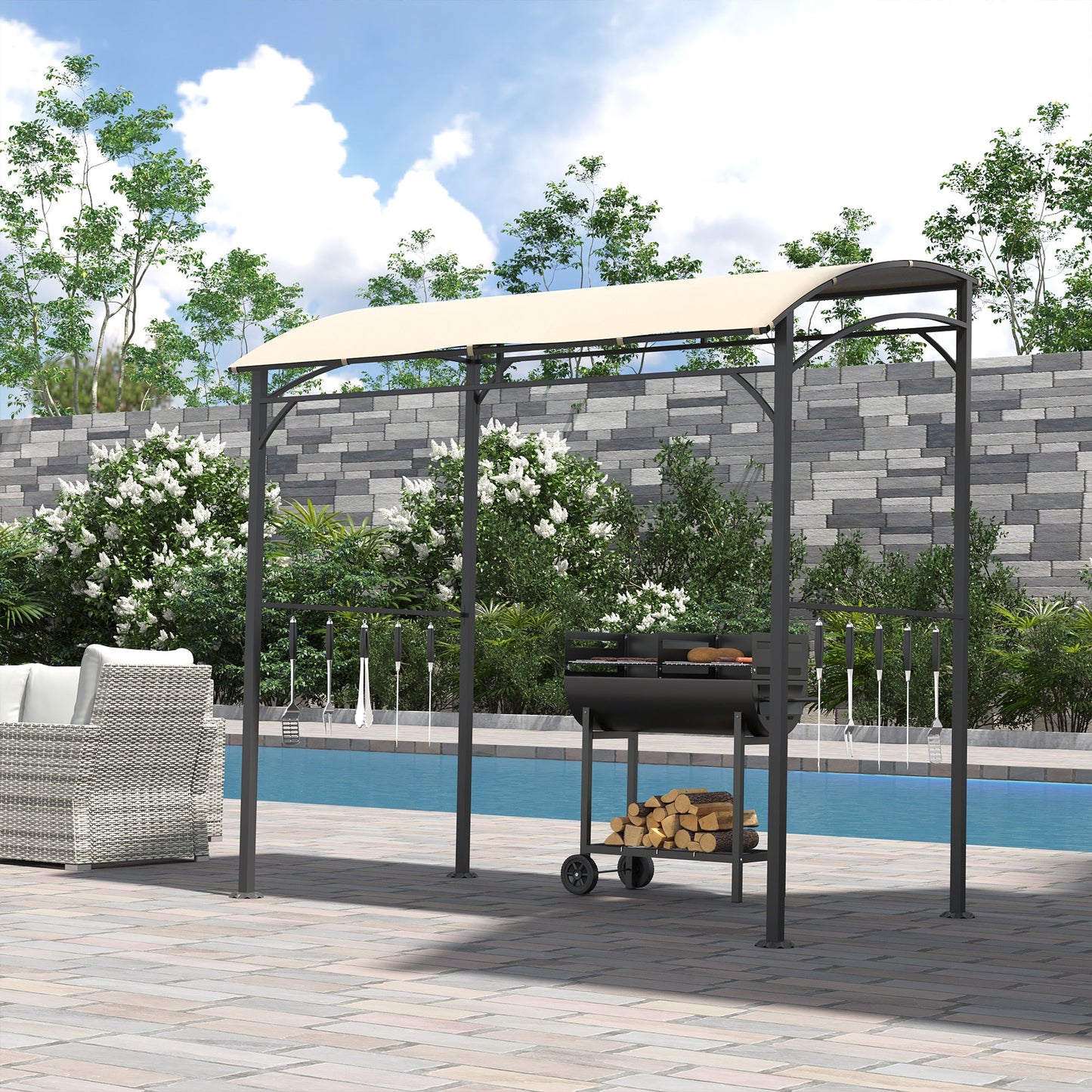 2.2 x 1.5 m BBQ Grill Gazebo Tent, Garden Grill with Metal Frame, Curved Canopy and 10 Hooks, Outdoor Sun Shade, Beige